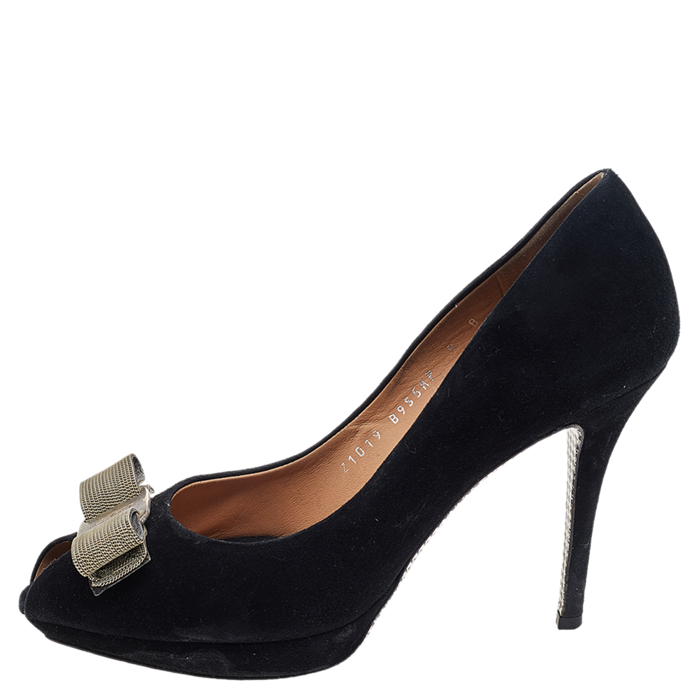 

Salvatore Ferragamo Black Suede Vara Bow Peep Toe Pumps