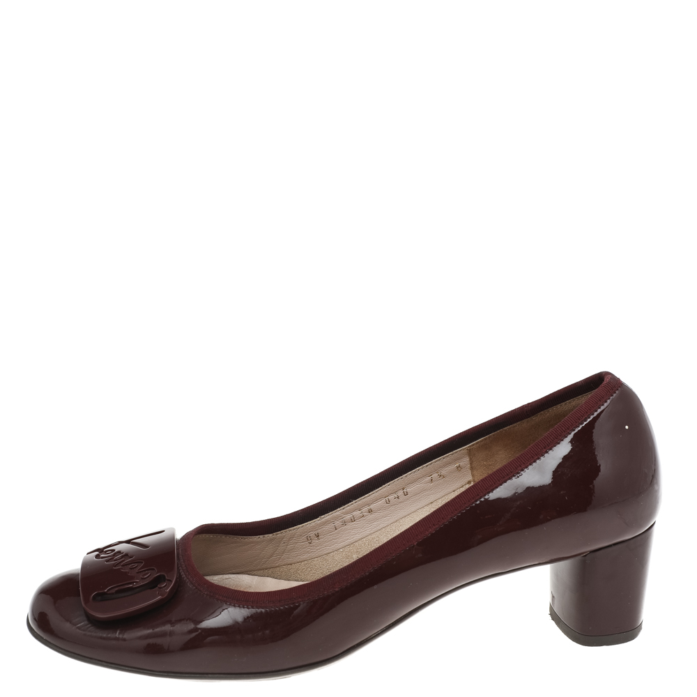 

Salvatore Ferragamo Burgundy Patent Leather Block Heel Pumps Size
