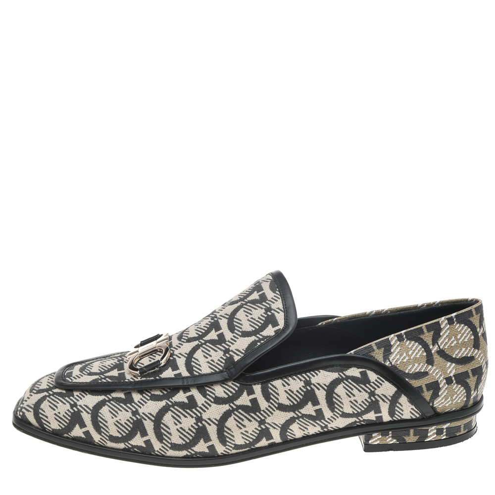 

Salvatore Ferragamo Beige/Black Monogram Fabric And Leather Gancini Logo Slip On Loafers Size