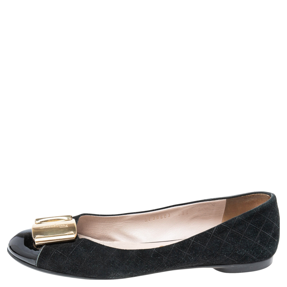 

Salvatore Ferragamo Black Patent And Suede Bow Ballet Flats Size