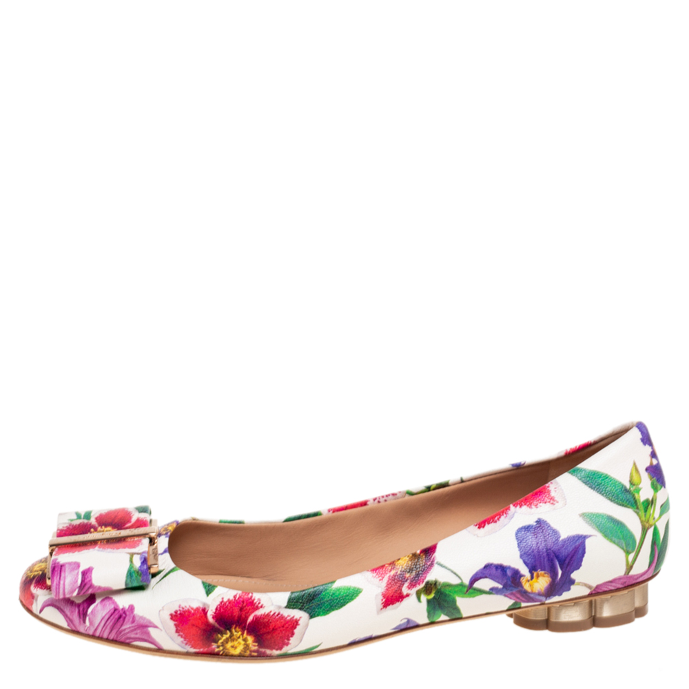 

Salvatore Ferragamo Multicolor Floral Print Leather Avola Bow Ballet Flats Size