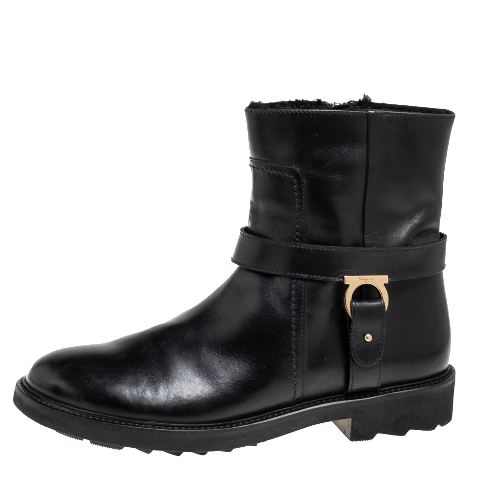 

Salvatore Ferragamo Black Leather Gancini Logo Buckle Ankle Boots Size