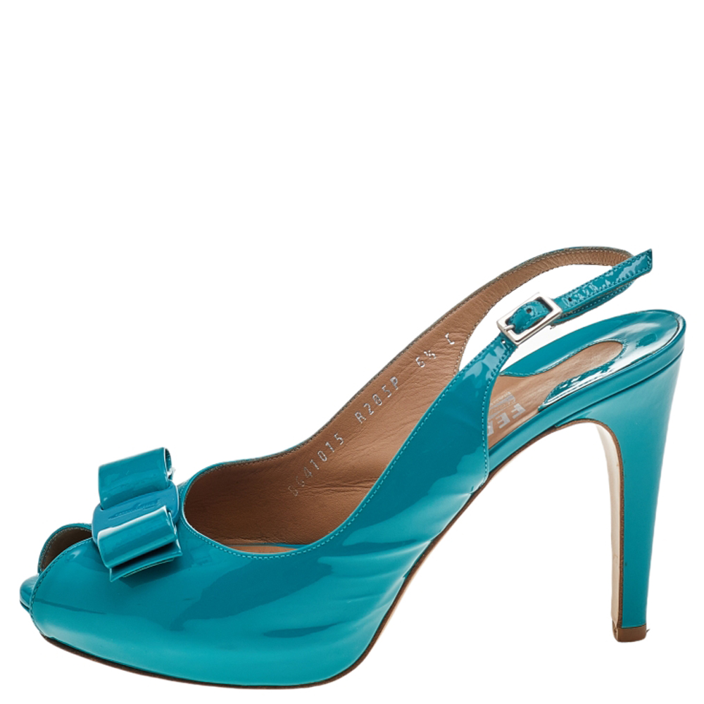 

Salvatore Ferragamo Teal Blue Patent Leather Vara Bow Slingback Sandals Size