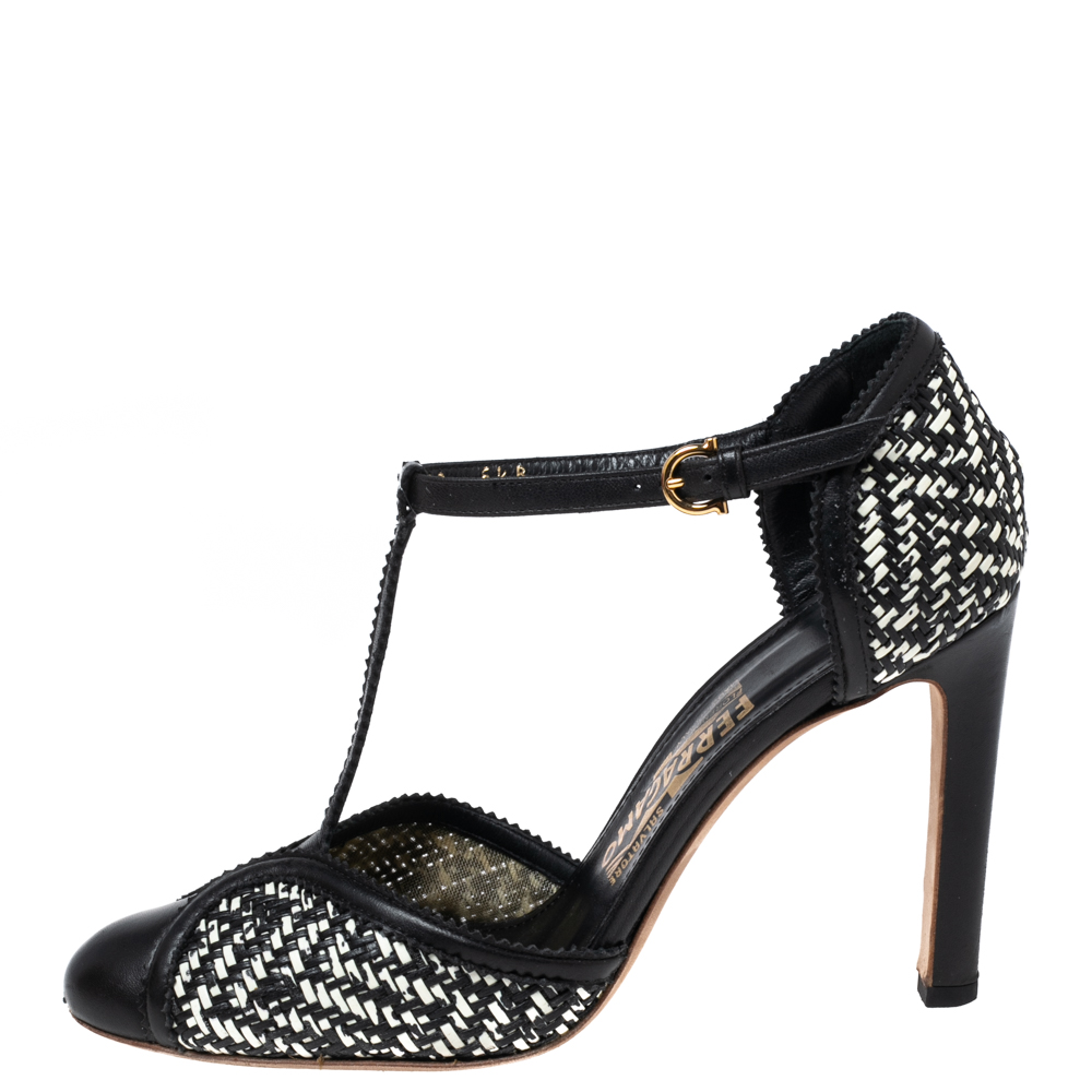 

Salvatore Ferragamo Black/White Woven Leather Emanuela Ankle-Strap Pumps Size