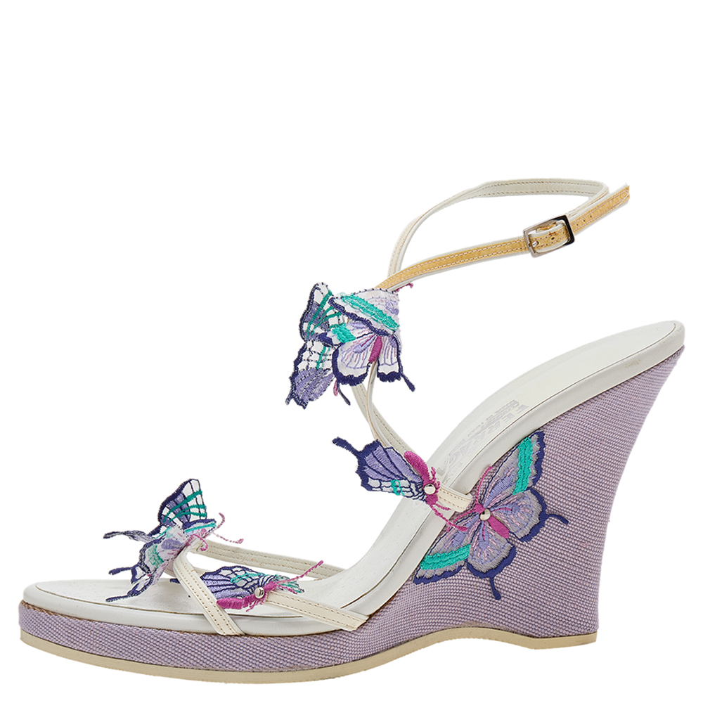 

Salvatore Ferragamo White Patent Leather Butterfly Embellished Wedge Sandals Size