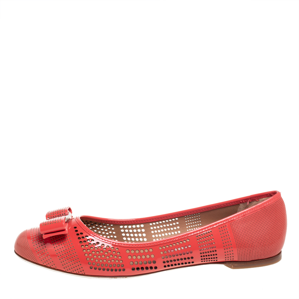 

Salvatore Ferragamo Coral Pink Perforated Patent Leather Varina Bow Ballet Flats Size
