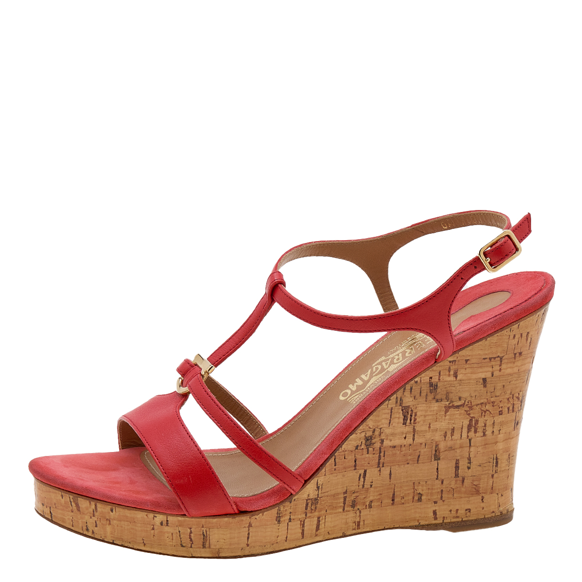 

Salvatore Ferragamo Burnt Orange Leather Ankle Strap Wedge Sandals Size