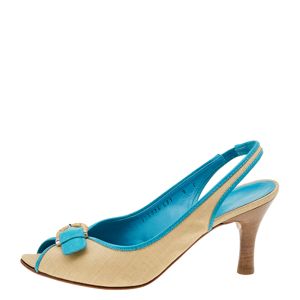 

Salvatore Ferragamo Beige/Blue Raffia and Leather Peep Toe Slingback Sandals Size