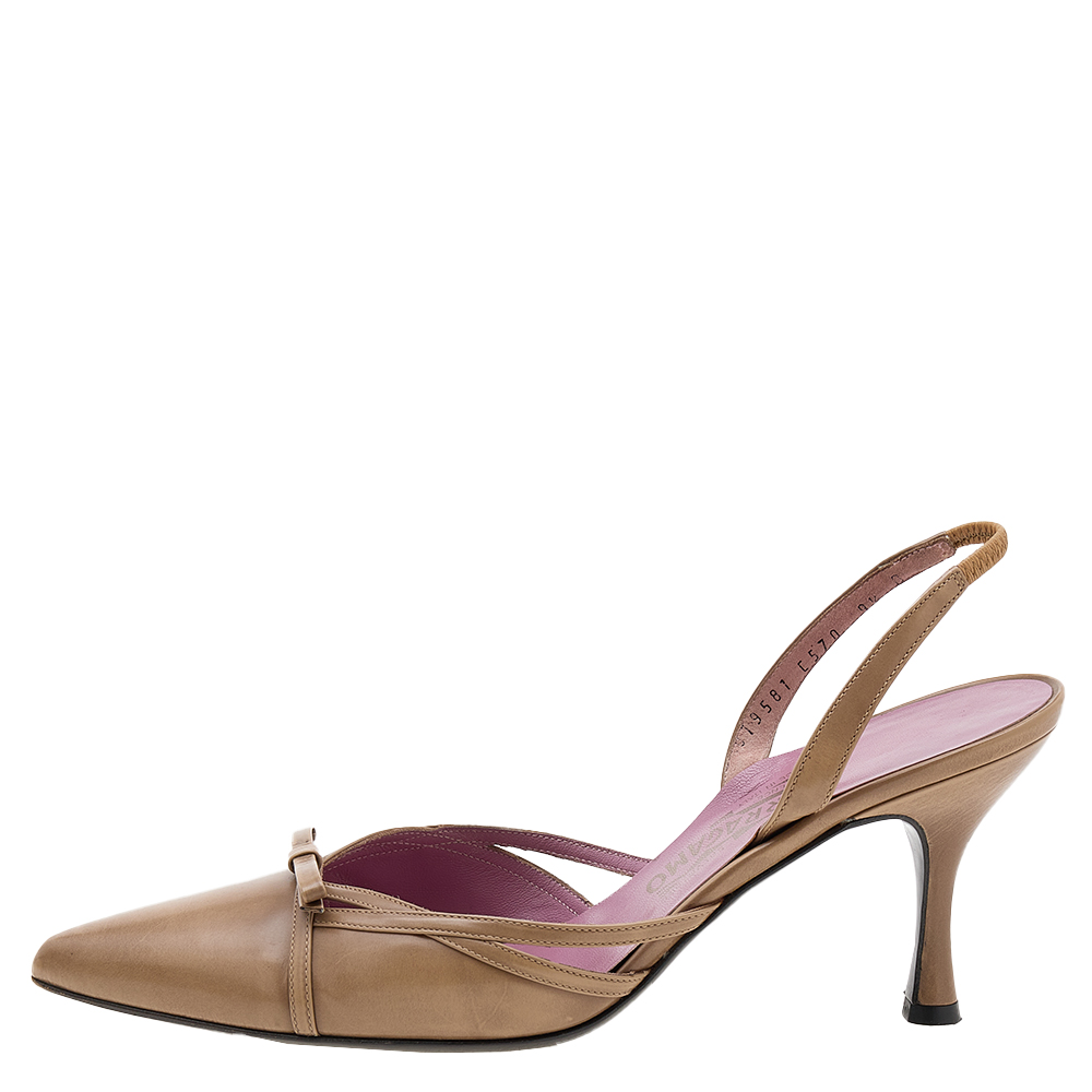 

Salvatore Ferragamo Brown Leather Bow Pointed Toe Slingback Sandals Size