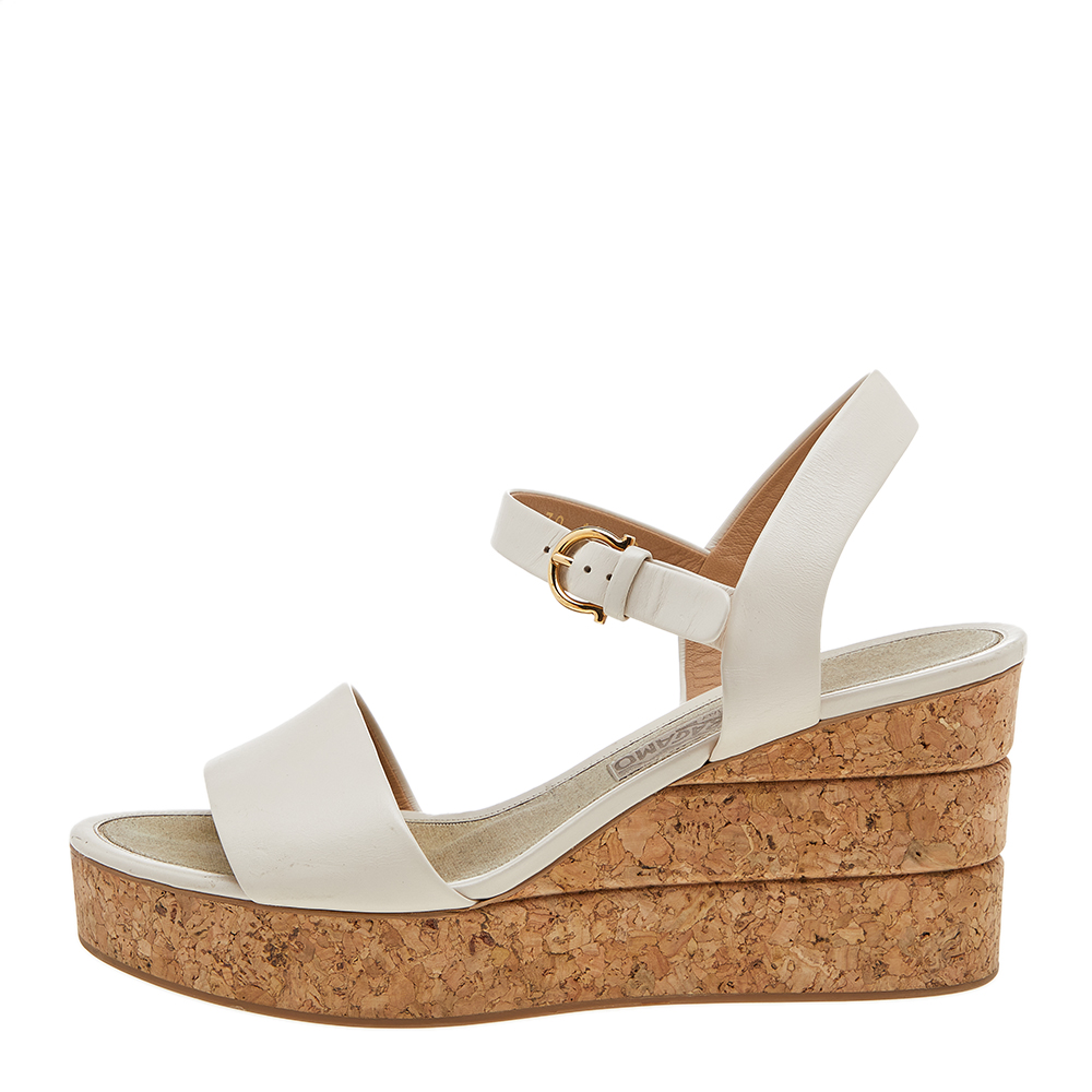 

Salvatore Ferragamo Beige Leather Cork Wedge Sandals Size