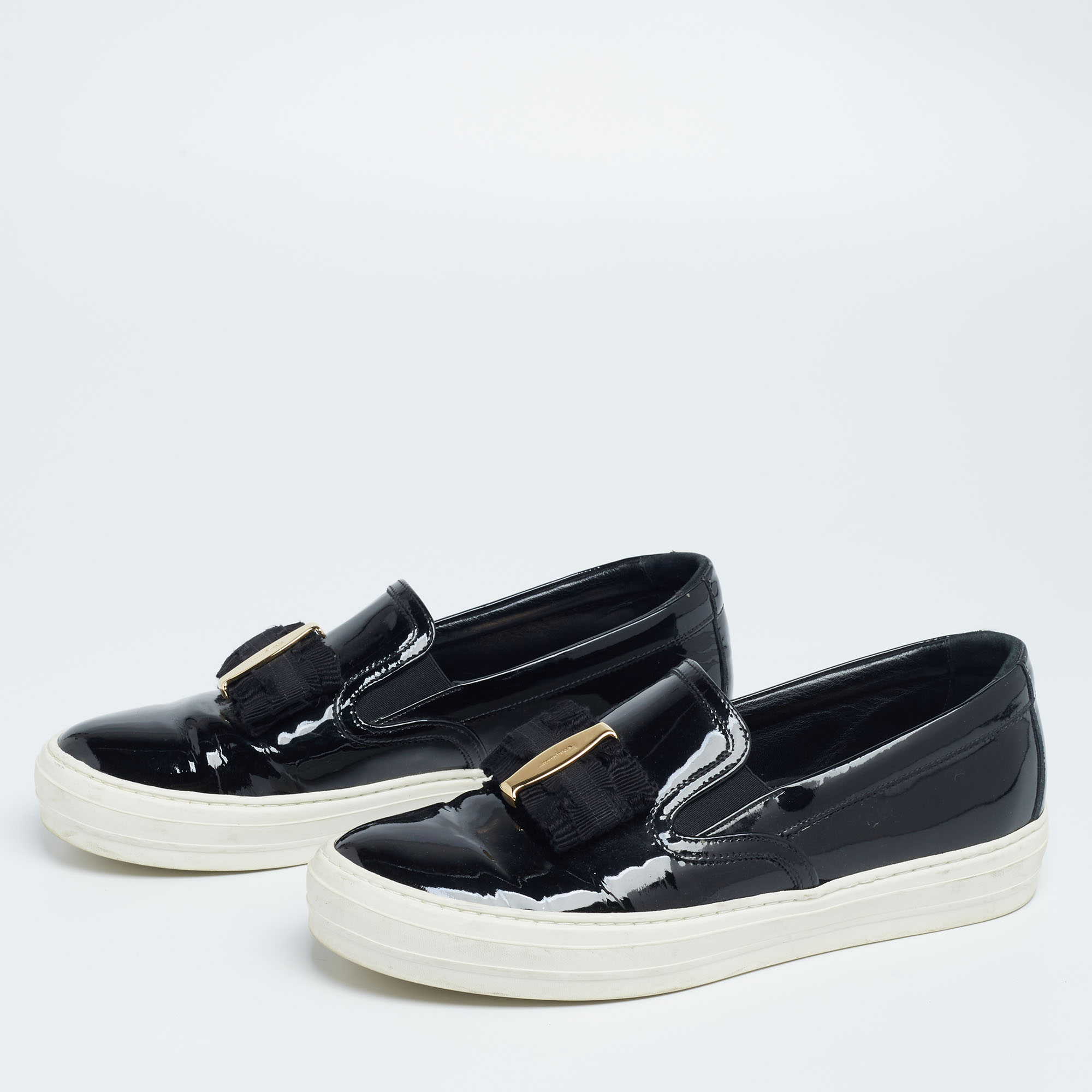 

Salvatore Ferragamo Black Patent Leather Bow Slip-On Sneakers Size