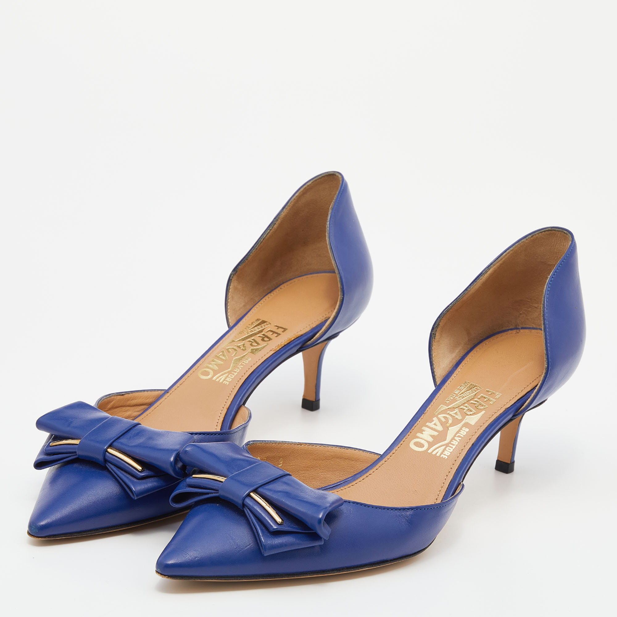 

Salvatore Ferragamo Blue Leather Rietta Bow D'orsay Pointed Toe Sandals Size
