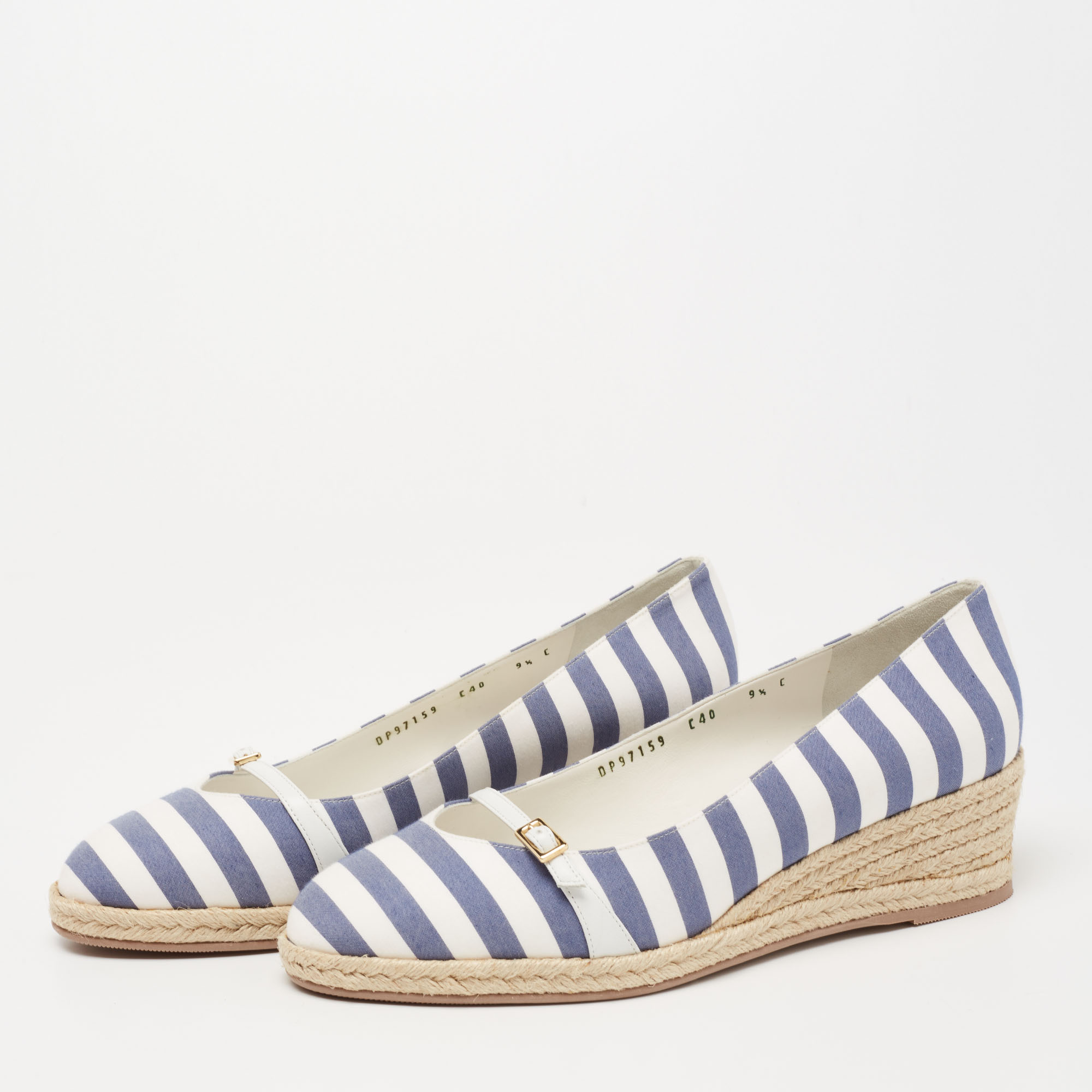 

Salvatore Ferragamo White/Blue Striped Canvas Audrey Wedge Espadrille Pumps Size