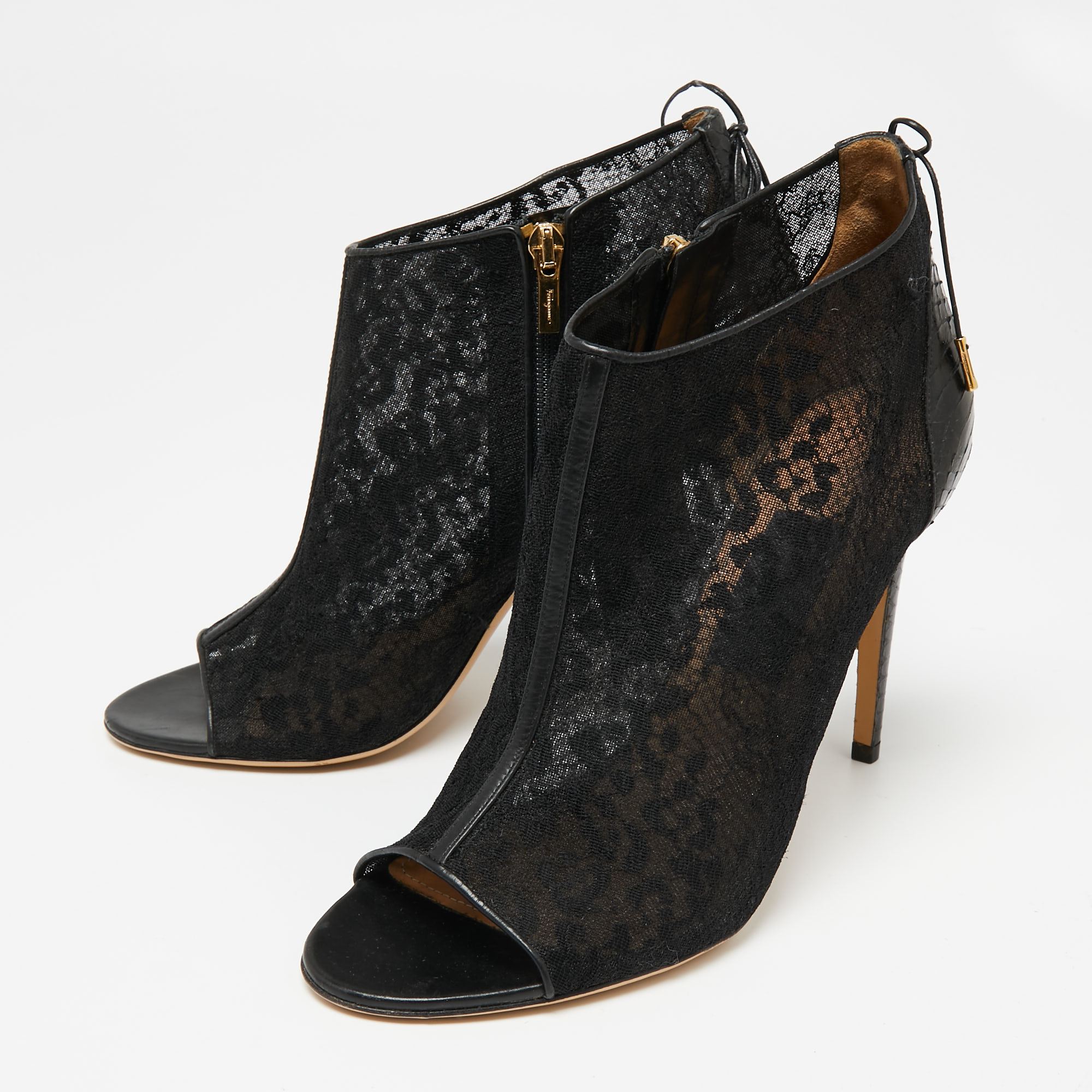 

Salvatore Ferragamo Black Lace and Python Leather Nufus Open Toe Ankle Booties Size