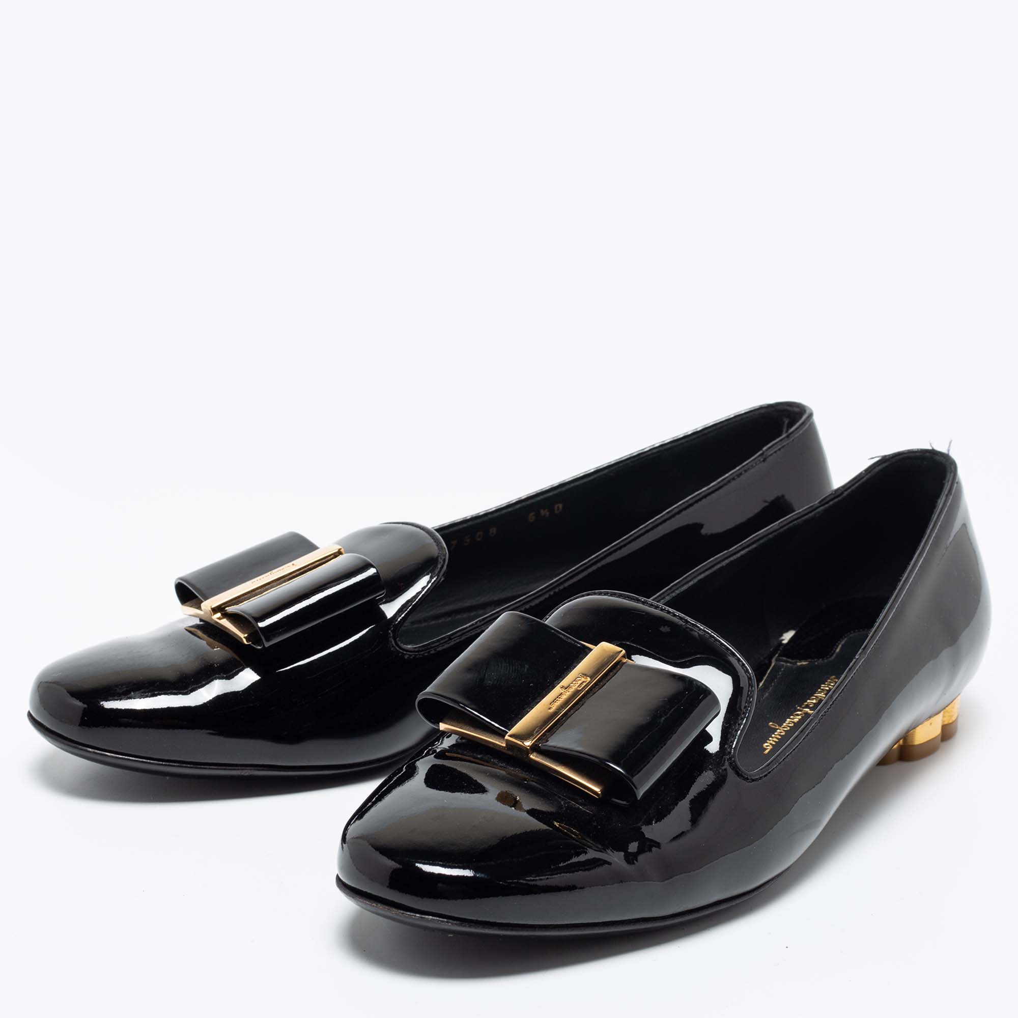 

Salvatore Ferragamo Black Patent Leather Bow Sarno Flower Heel Loafers Size