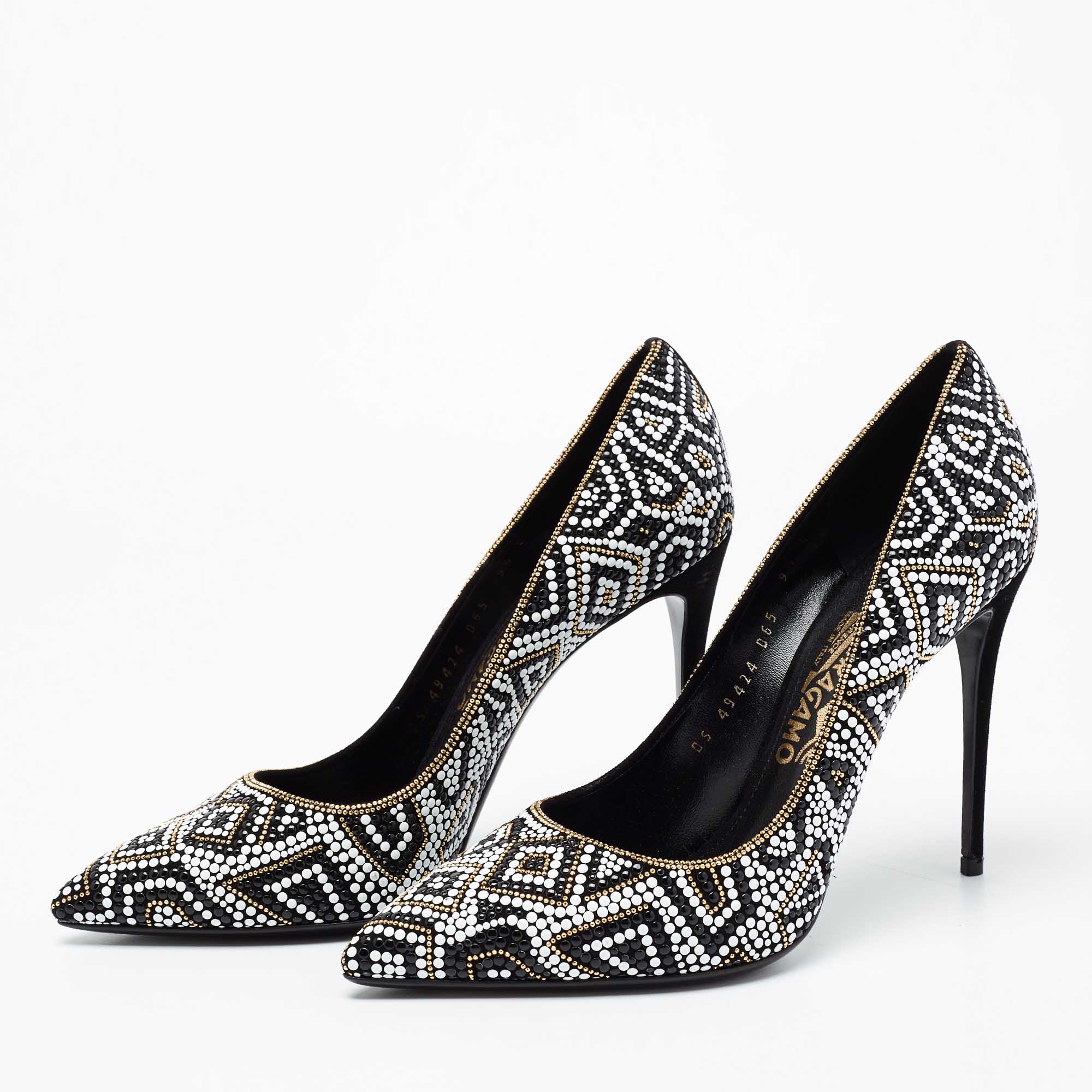 

Salvatore Ferragamo Black Suede Mosaic Effect Fiore Embellished Pointed Toe Pumps Size