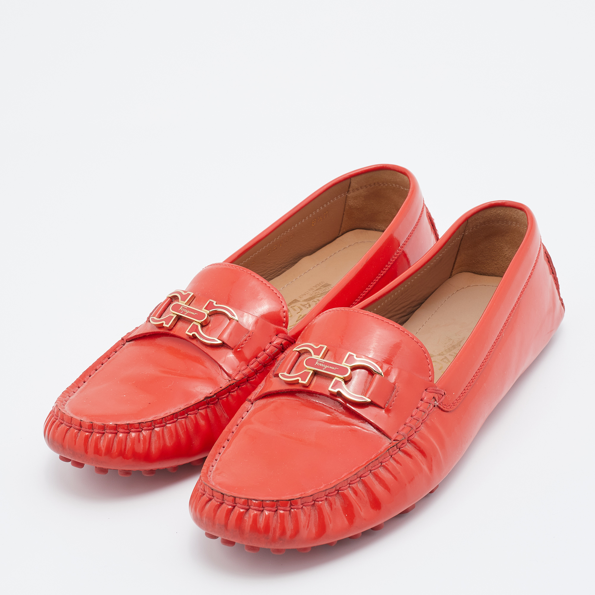 

Salvatore Ferragamo Red Patent Leather Gancini Bit Slip On Loafers Size