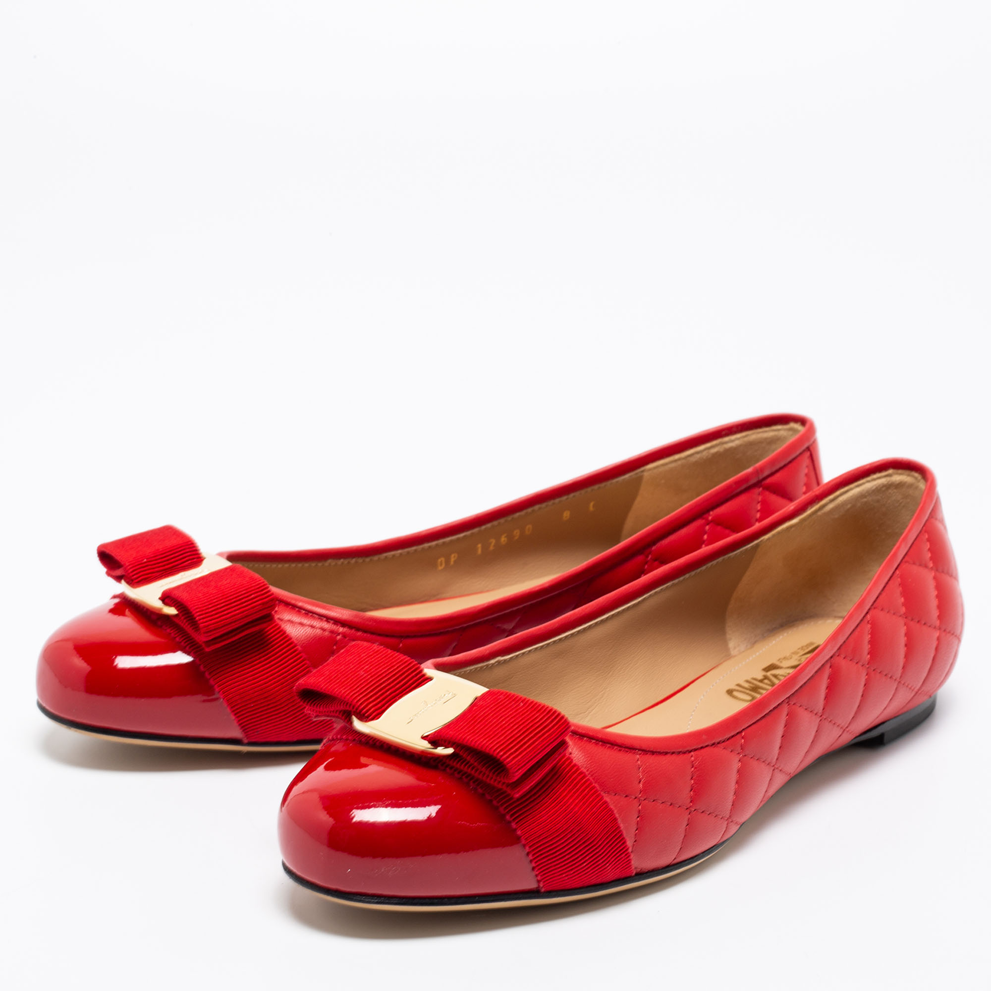 

Salvatore Ferragamo Red Quilted Patent And Leather Varina Ballet Flats Size