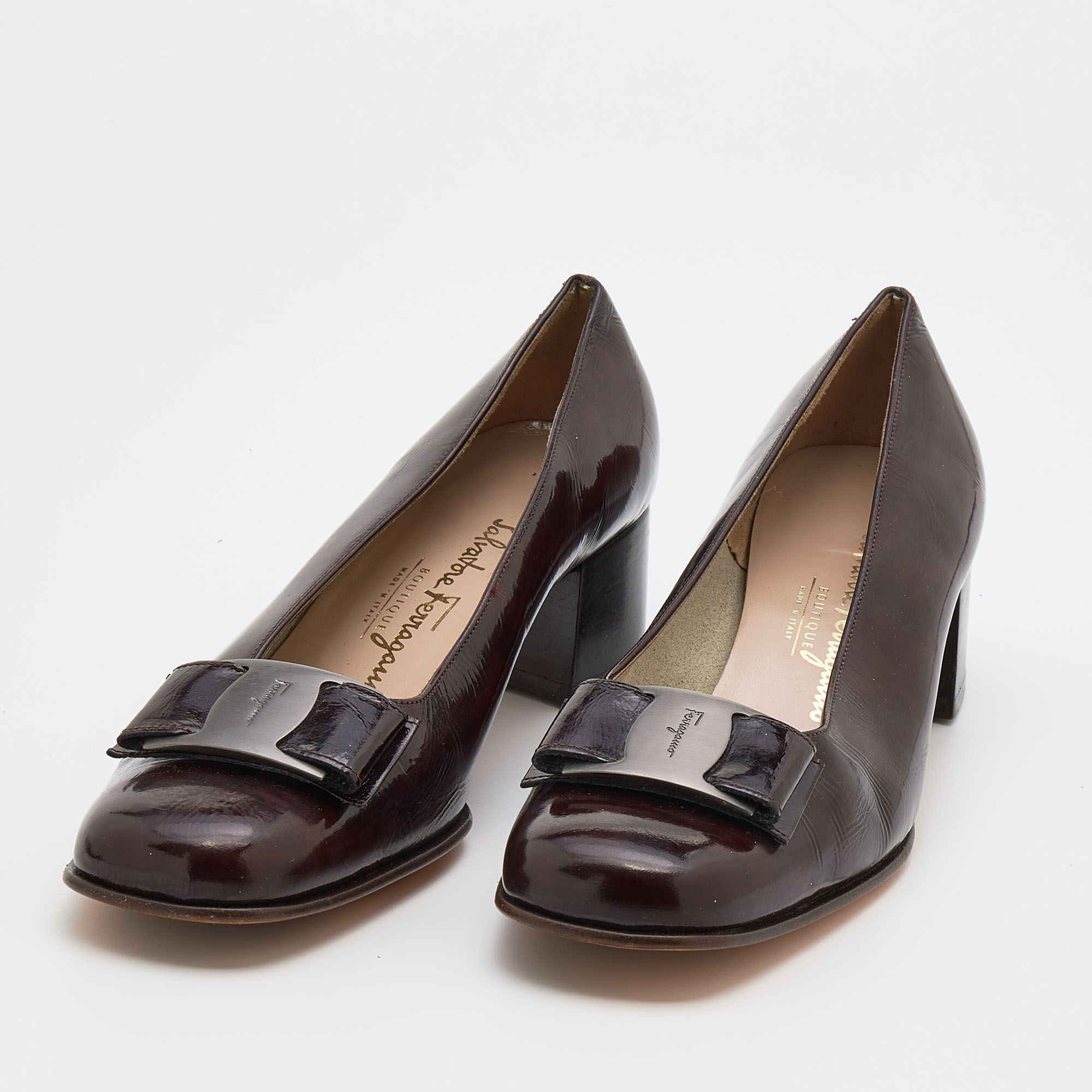 

Salvatore Ferragamo Brown Leather Bow Block Heel Pumps Size