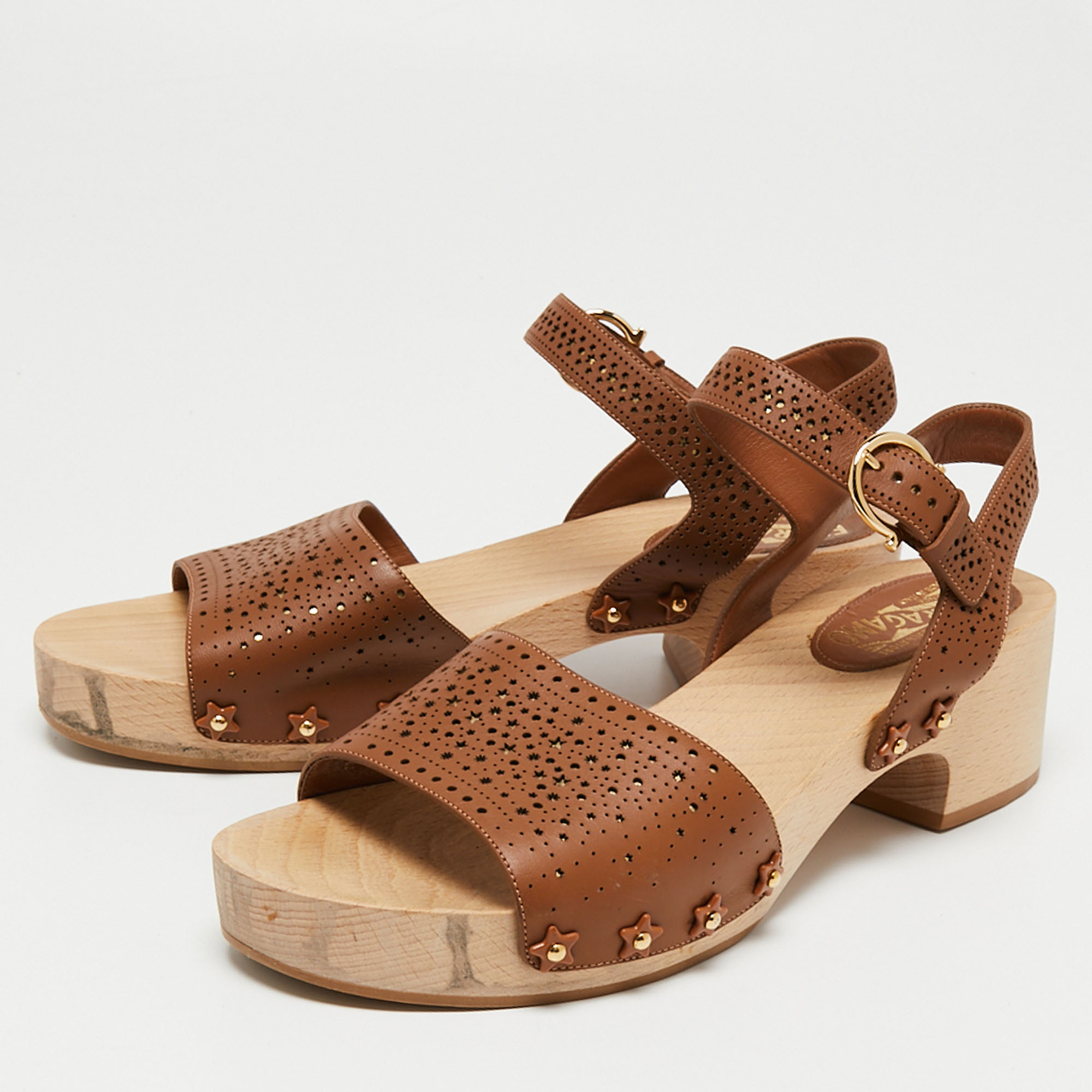 

Salvatore Ferragamo Brown Perforated Leather Ganga Clog Ankle Strap Sandals Size