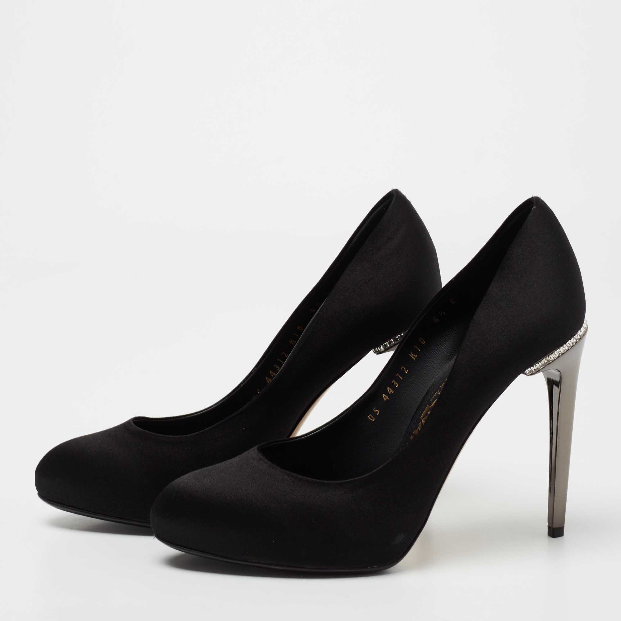 

Salvatore Ferragamo Black Satin Crystal Trim Pumps Size