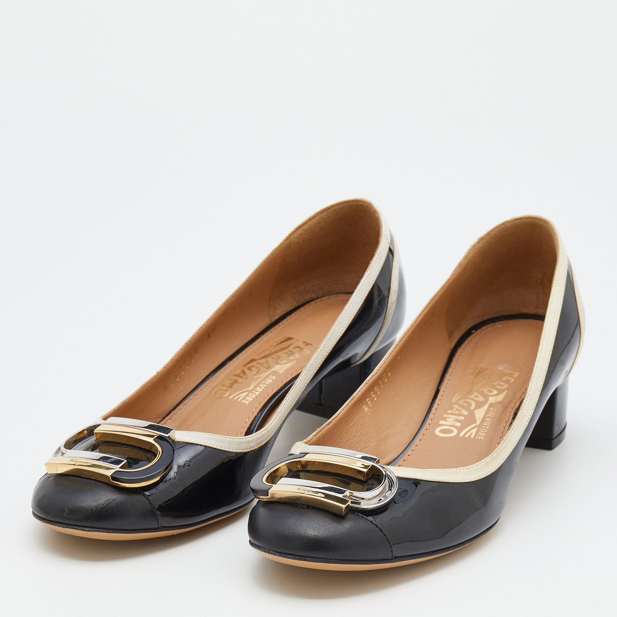 

Salvatore Ferragamo Black Patent Leather Cap Toe Block Heel Pumps Size