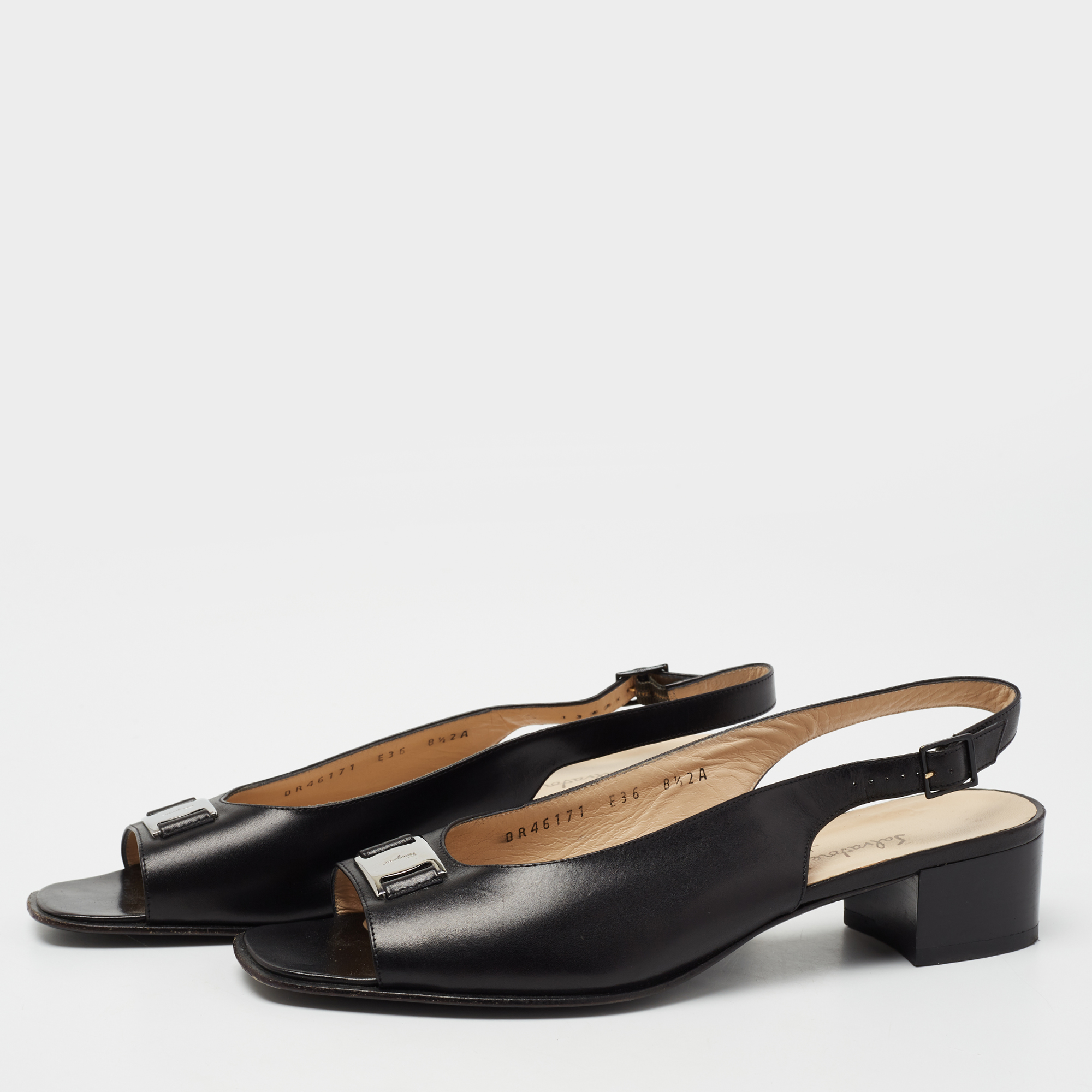 

Salvatore Ferragamo Black Leather Open Toe Slingback Sandals Size