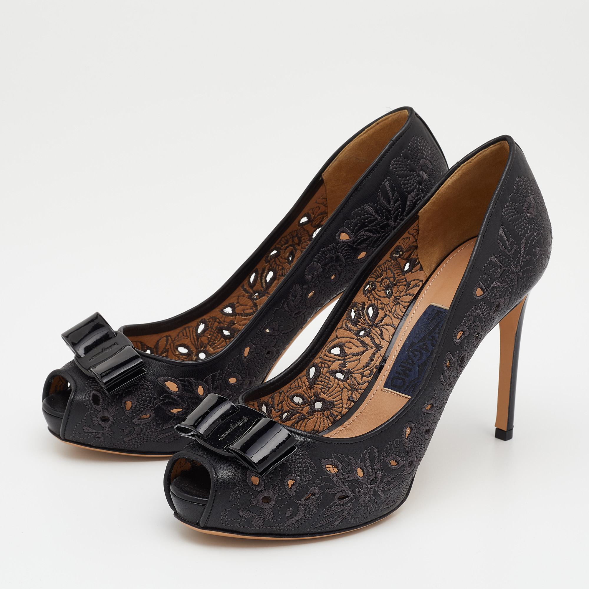 

Salvatore Ferragamo Black Leather Laser Cut Out Embroidered Platform Peep Toe Pumps Size