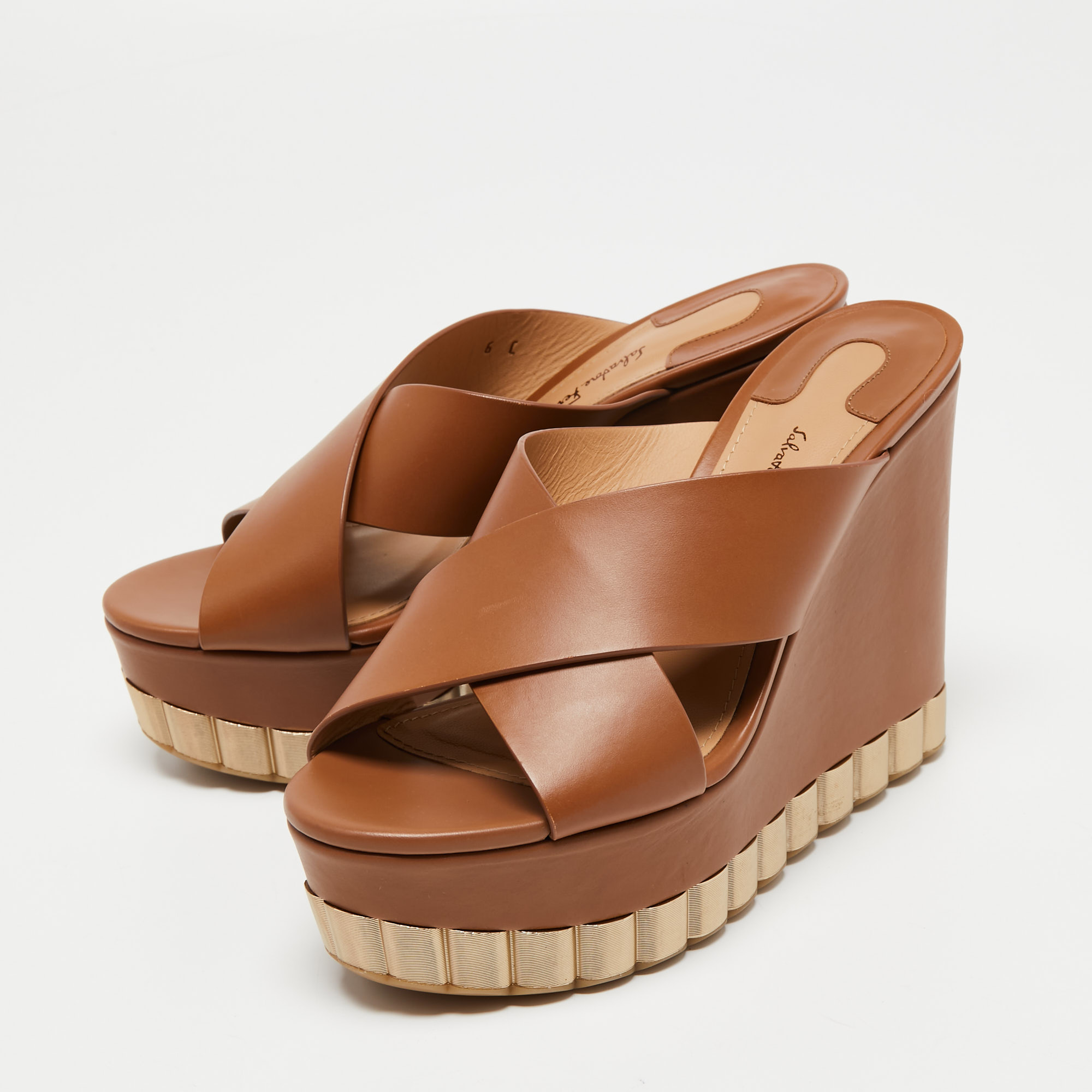 

Salvatore Ferragamo Brown Leather Cross Strap Wedge Sandals Size