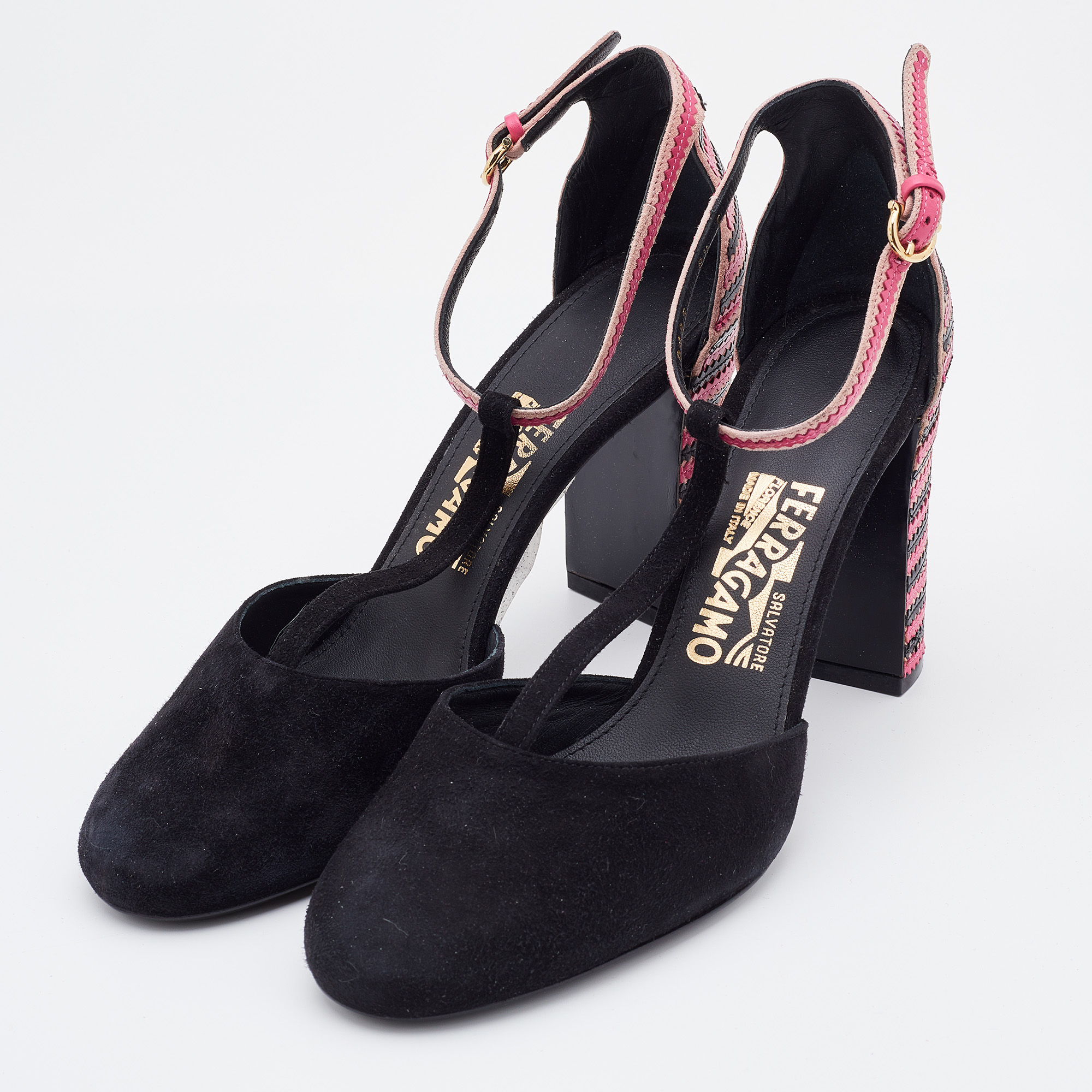 

Salvatore Ferragamo Black/Pink Suede And Leather Fergie T-Strap Pumps Size