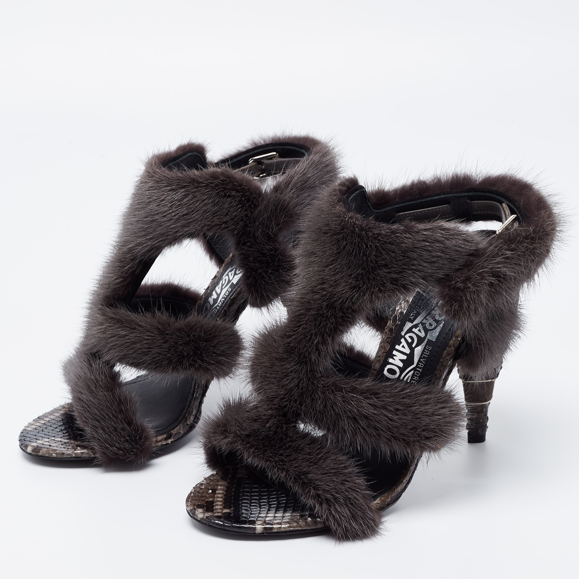 

Salvatore Ferragamo Dark Grey Mink Fur Larix Cage Strappy Sandals Size