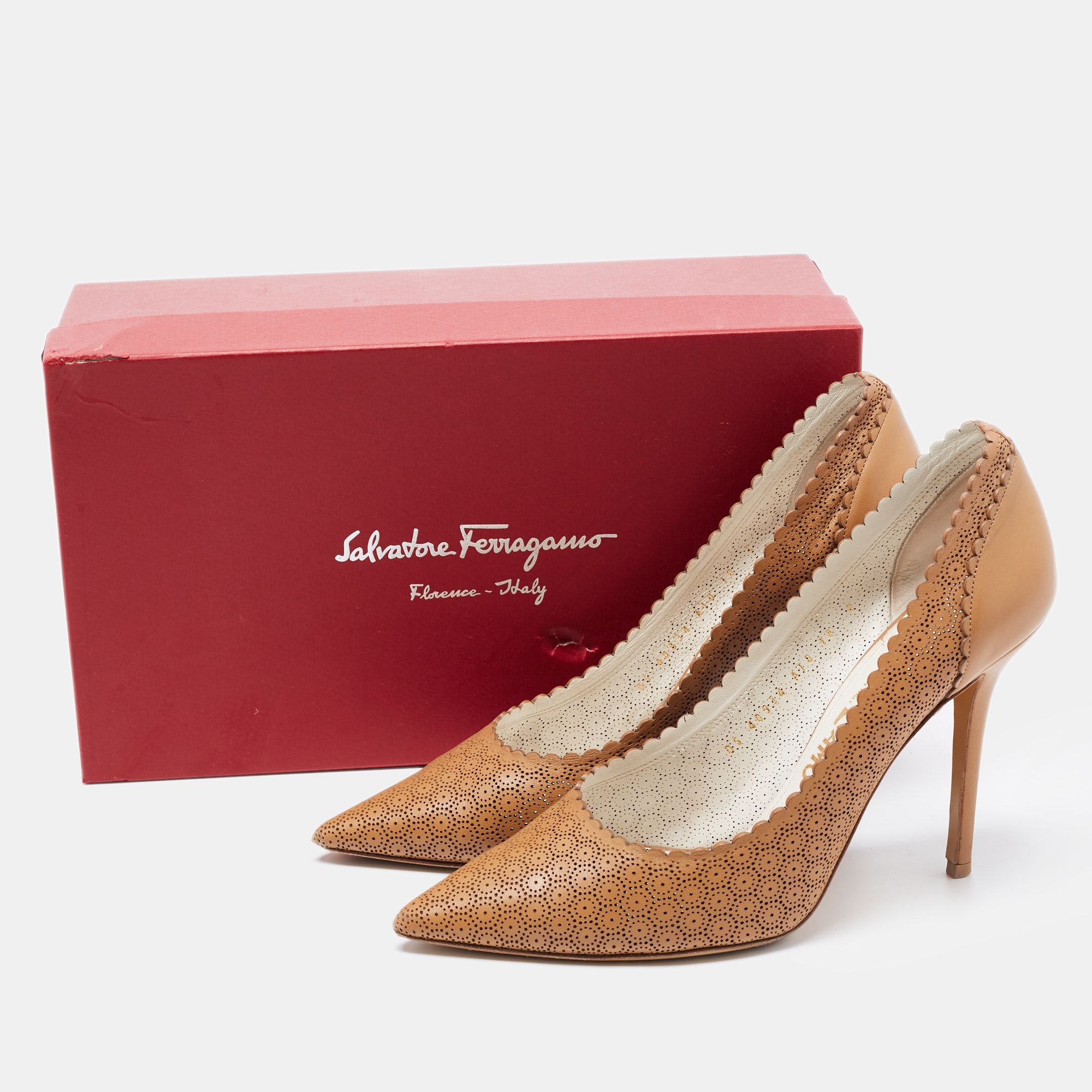 Salvatore Ferragamo Brown Leather Laser Cut Leather Pumps Size 40.5 