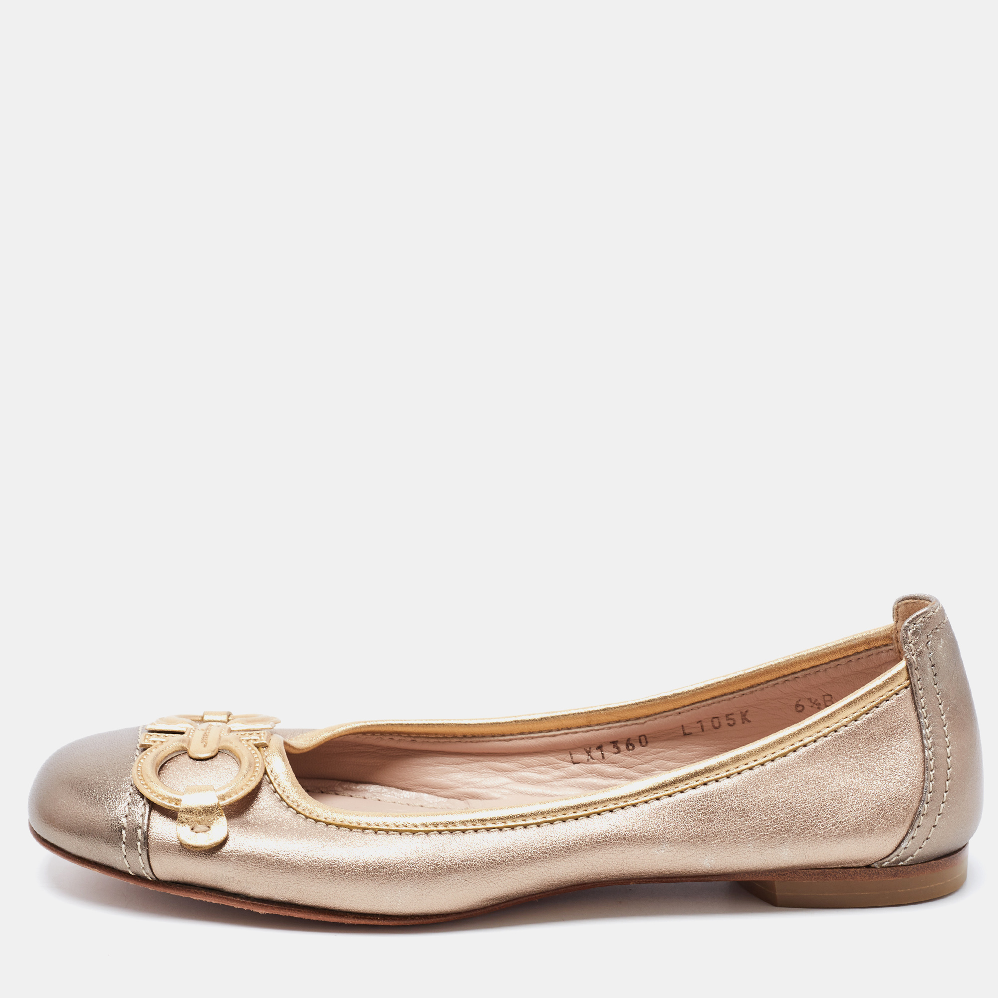 Pre-owned Ferragamo Metallic Leather Gancini Ballet Flats Size 37