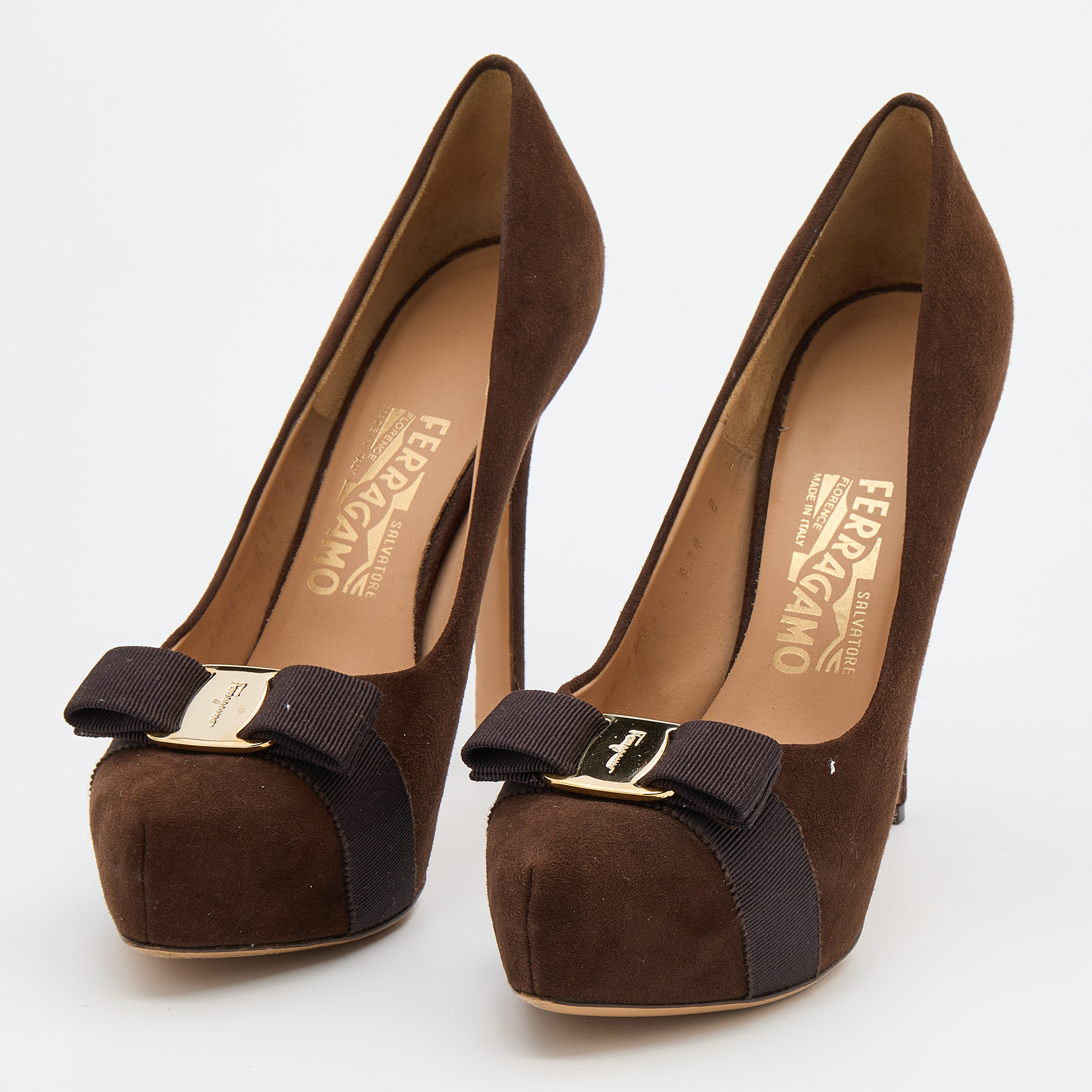 

Salvatore Ferragamo Dark Brown Suede Carla Vara Bow Platform Pumps Size