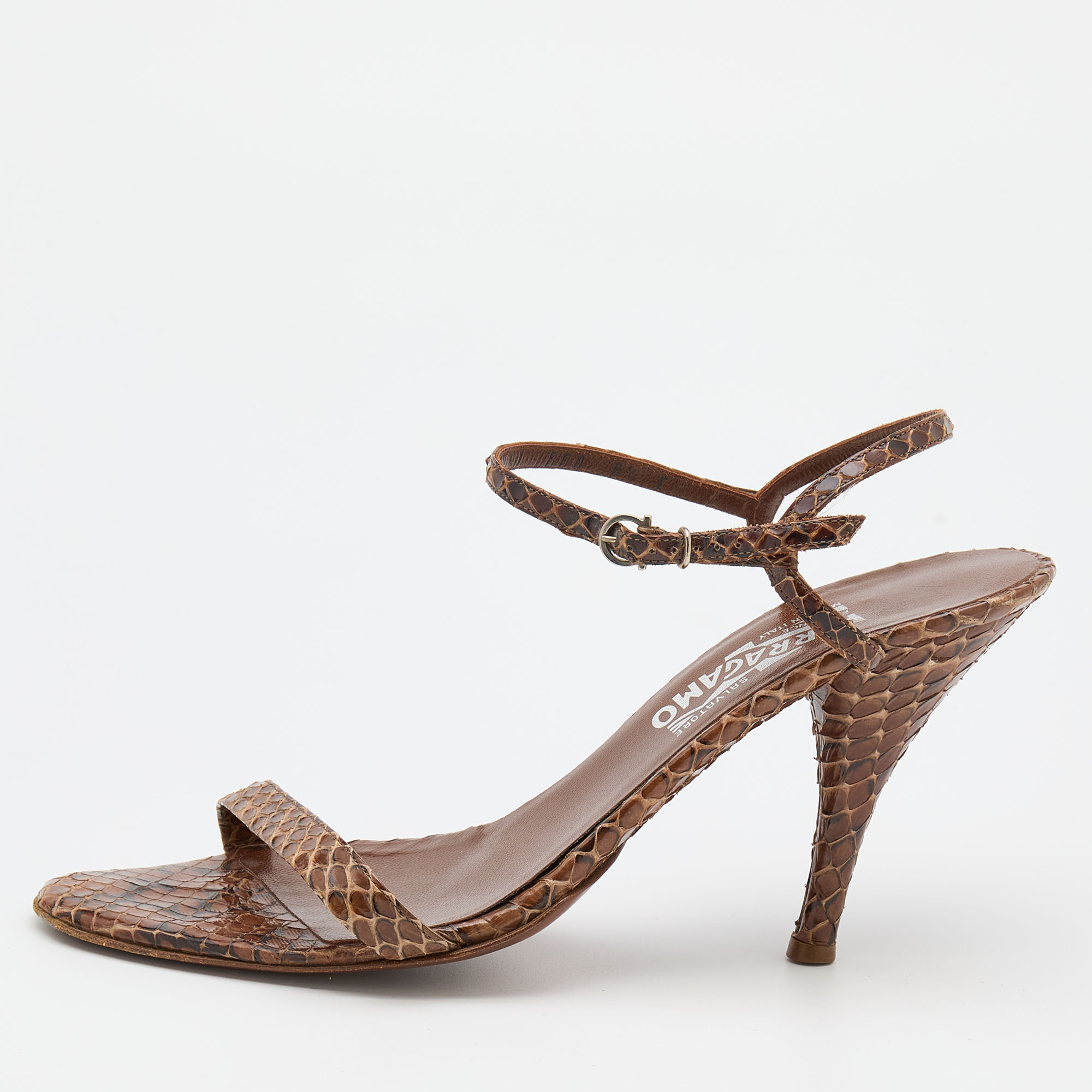 Pre-owned Ferragamo Brown Python Ankle Strap Sandals Size 39
