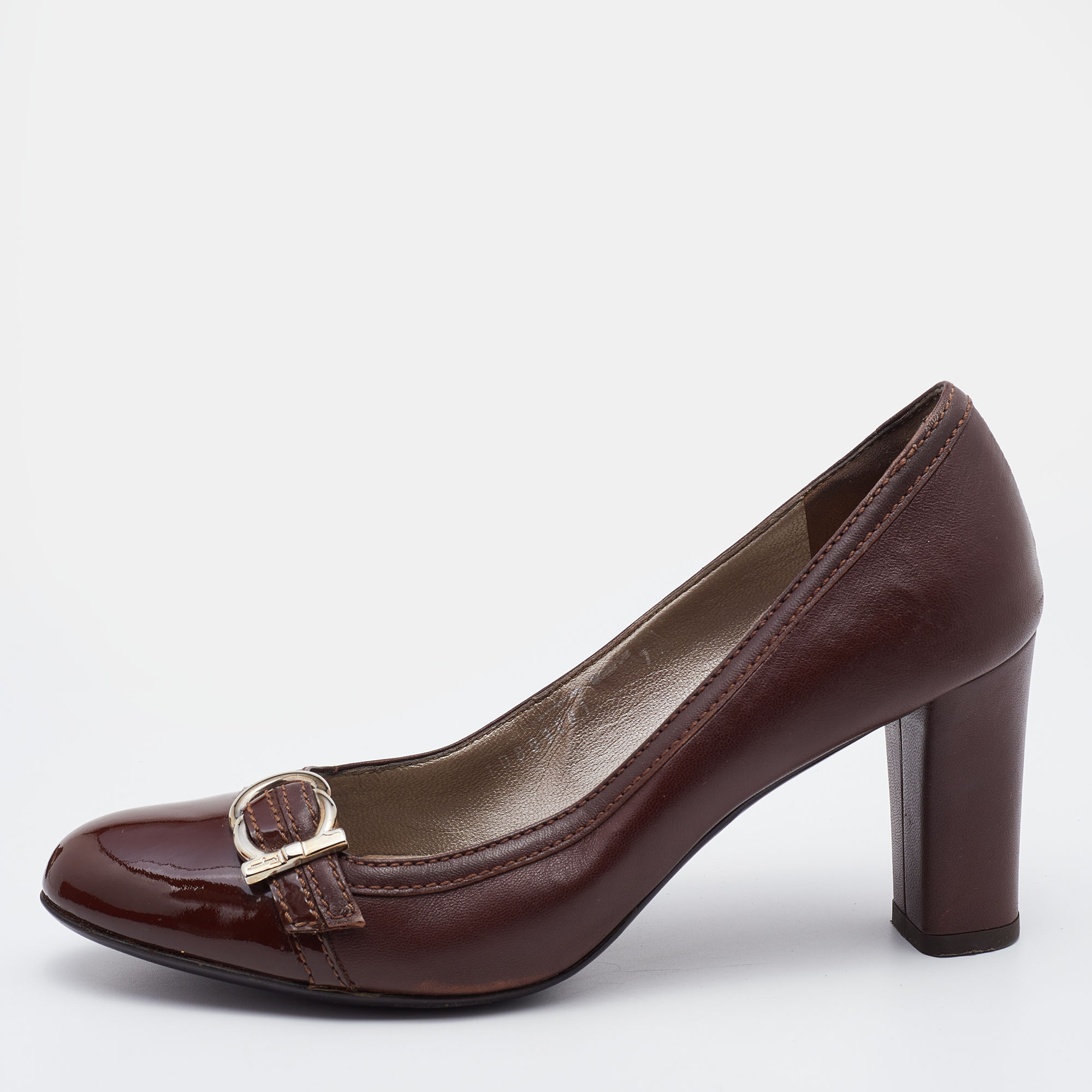 Pre-owned Ferragamo Brown Patent And Leather Nostra Pumps Size 37.5