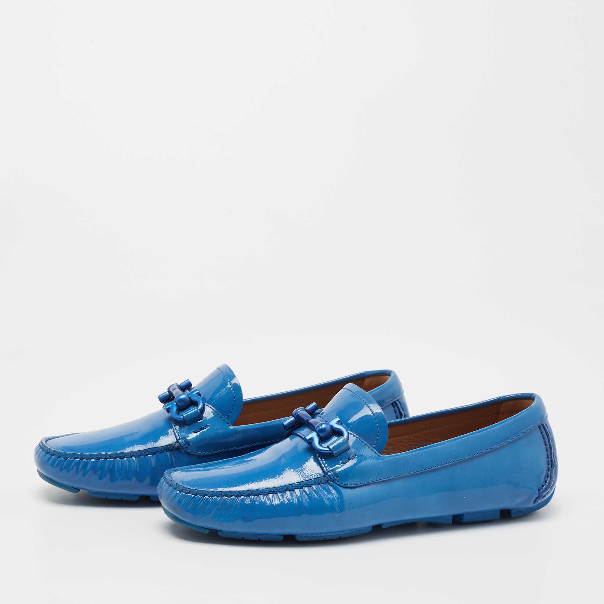 

Salvatore Ferragamo Blue Patent Leather Gancio Loafers Size