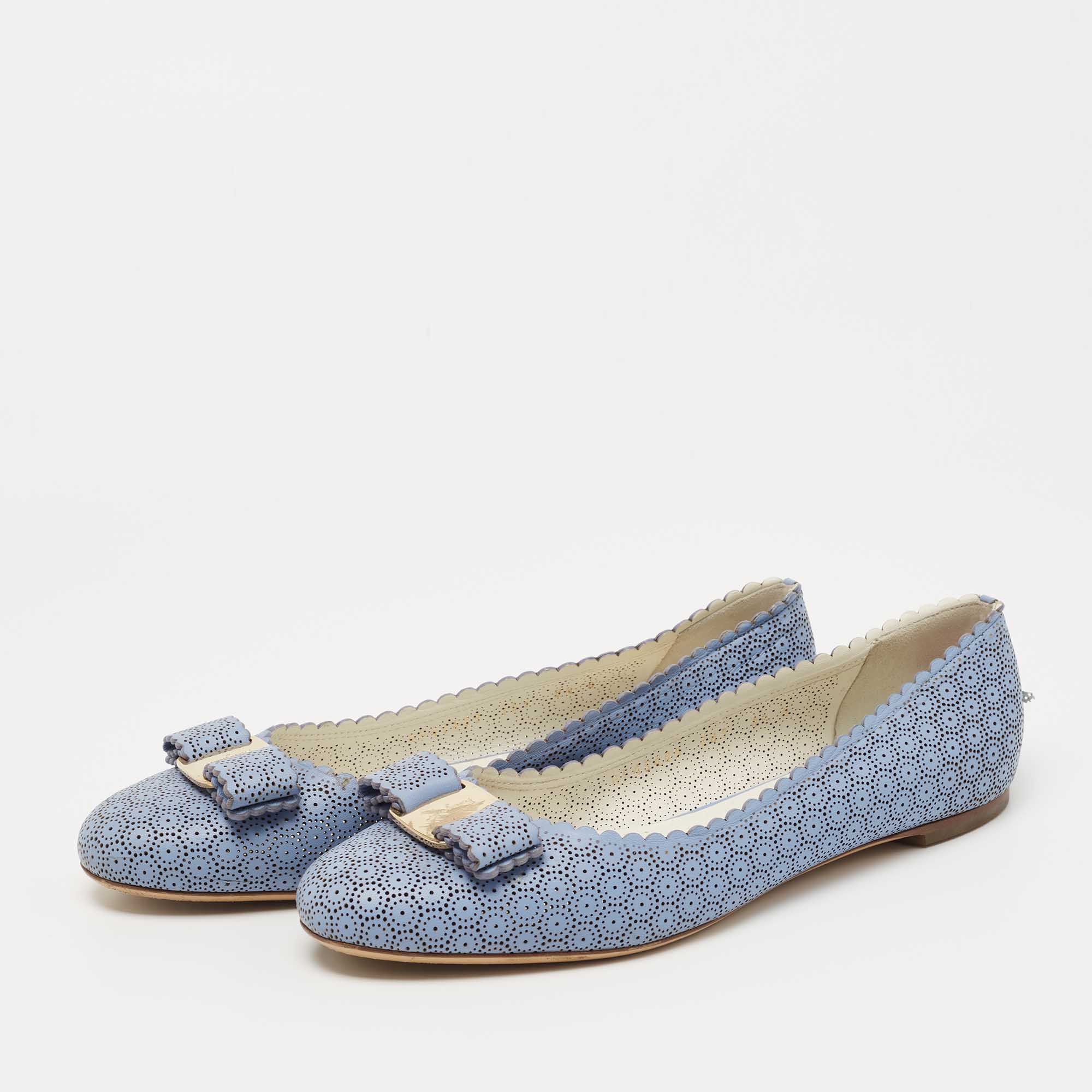 

Salvatore Ferragamo Light Blue Laser Cut Leather Varina Ballet Flats Size