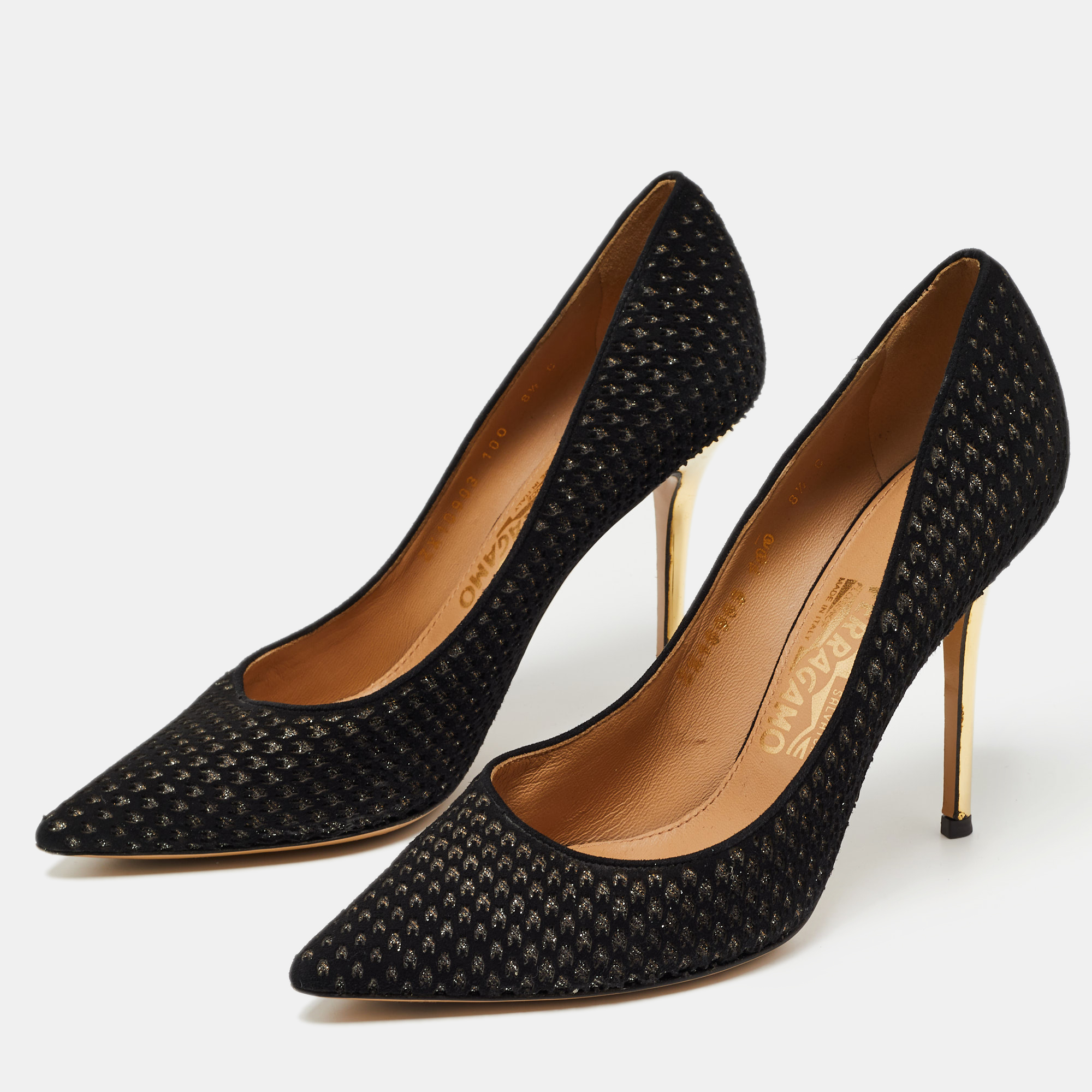 

Salvatore Ferragamo Black Laser Cut Suede and Glitter Pointed Toe Pumps Size