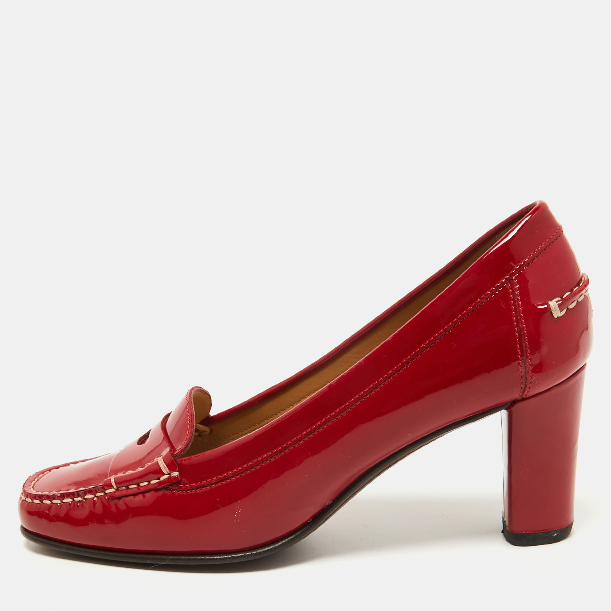 Pre-owned Salvatore Ferragamo Red Patent Leather Penny Slip On Loafers Size 37.5