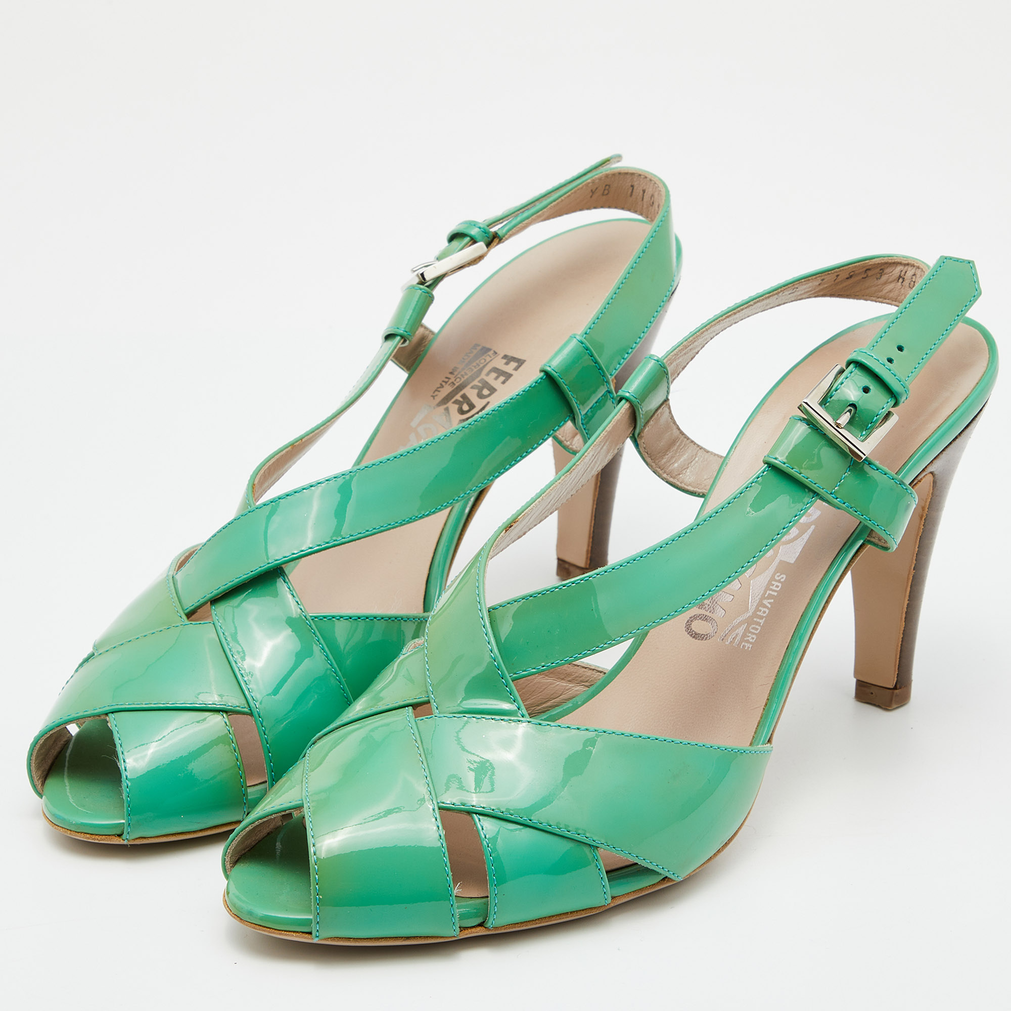 

Salvatore Ferragamo Green Patent Leather Criss Cross Slingback Sandals Size