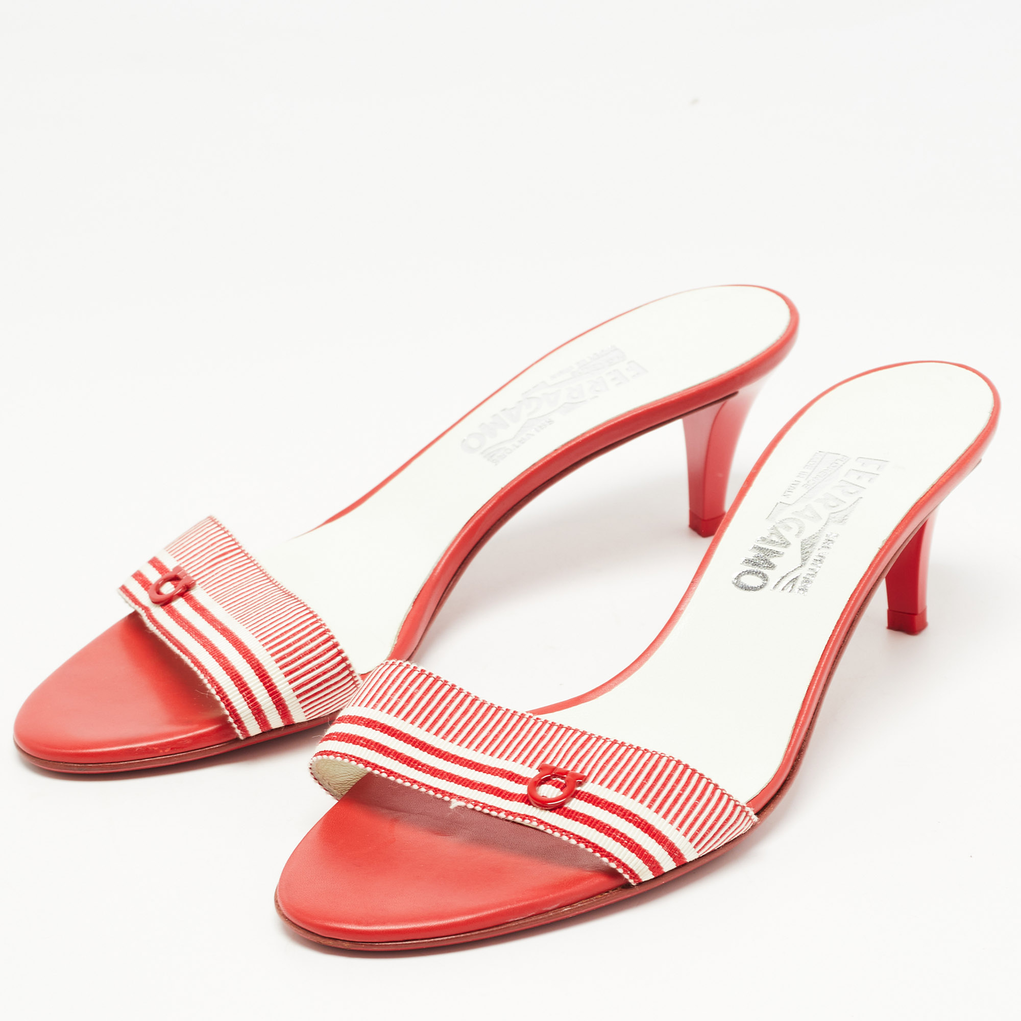 

Salvatore Ferragamo Red Stripe Canvas and Leather Slide Sandals Size