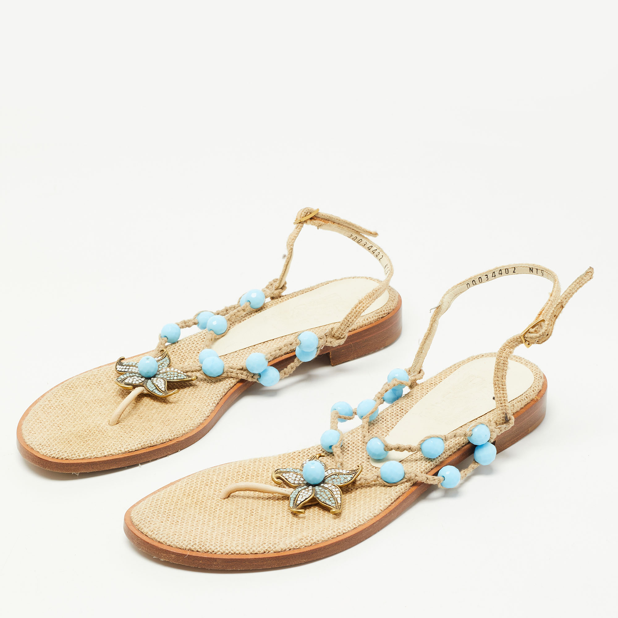 

Salvatore Ferragamo Beige/Blue Jute Beads and Crystal Embellished Flat Sandals Size