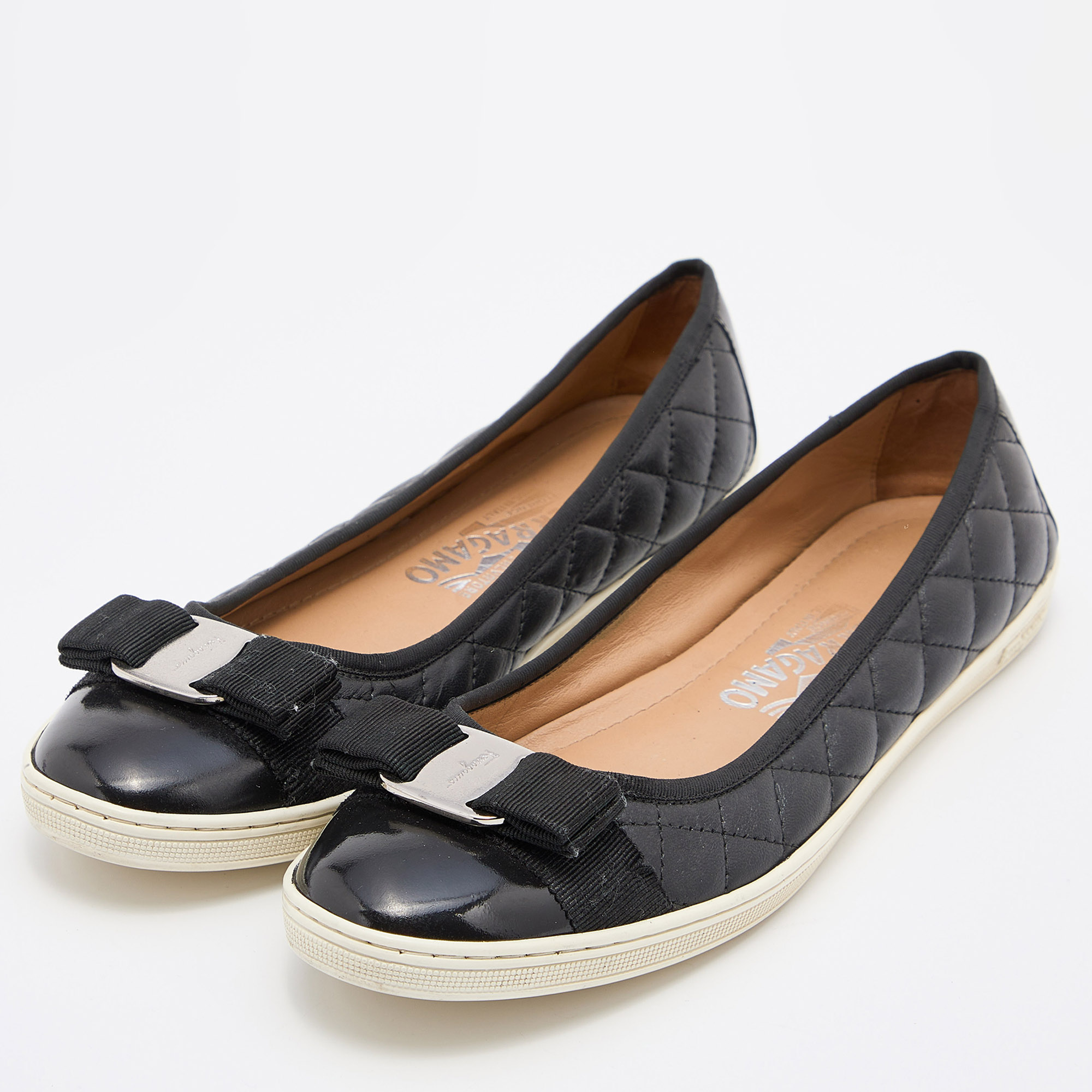 

Salvatore Ferragamo Black Quilted Leather Varina Bow Ballet Flats Size
