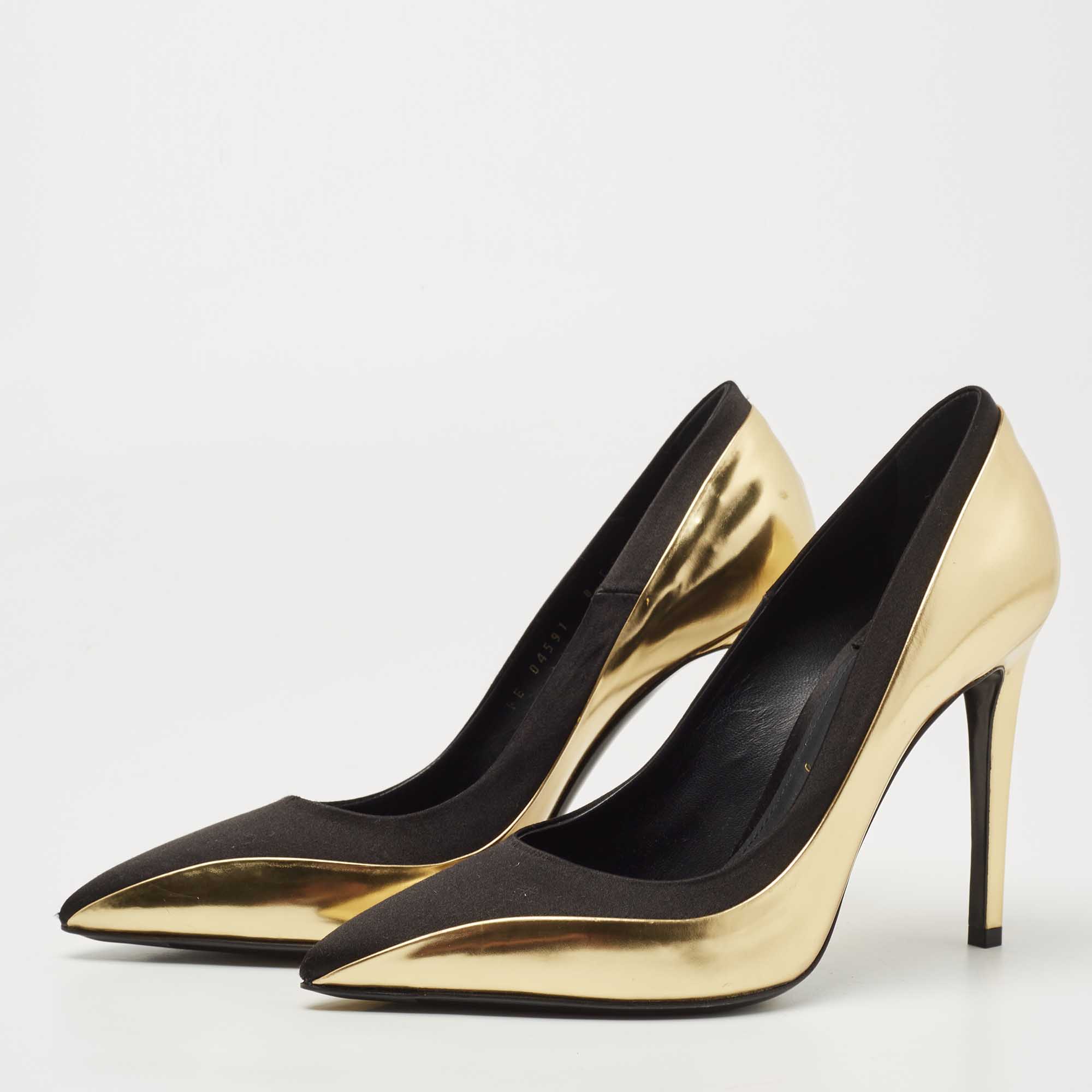 

Salvatore Ferragamo Black/Gold Satin And Leather Giglio Pointed Toe Pumps Size