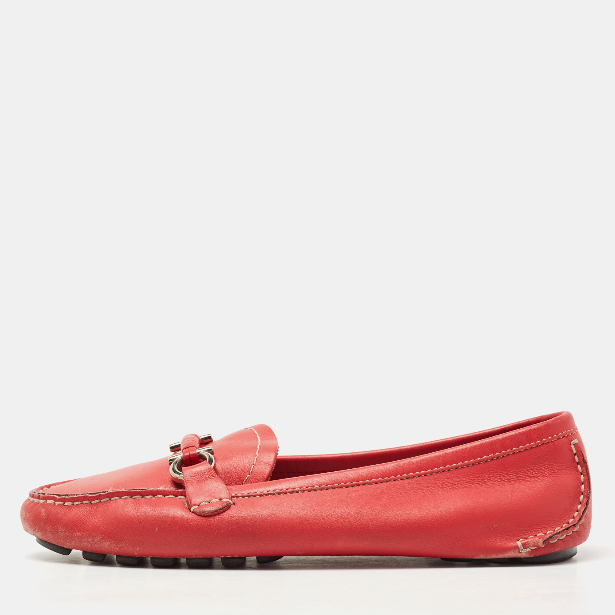 Pre-owned Ferragamo Red Leather Gancini Slip On Loafers Size 37.5