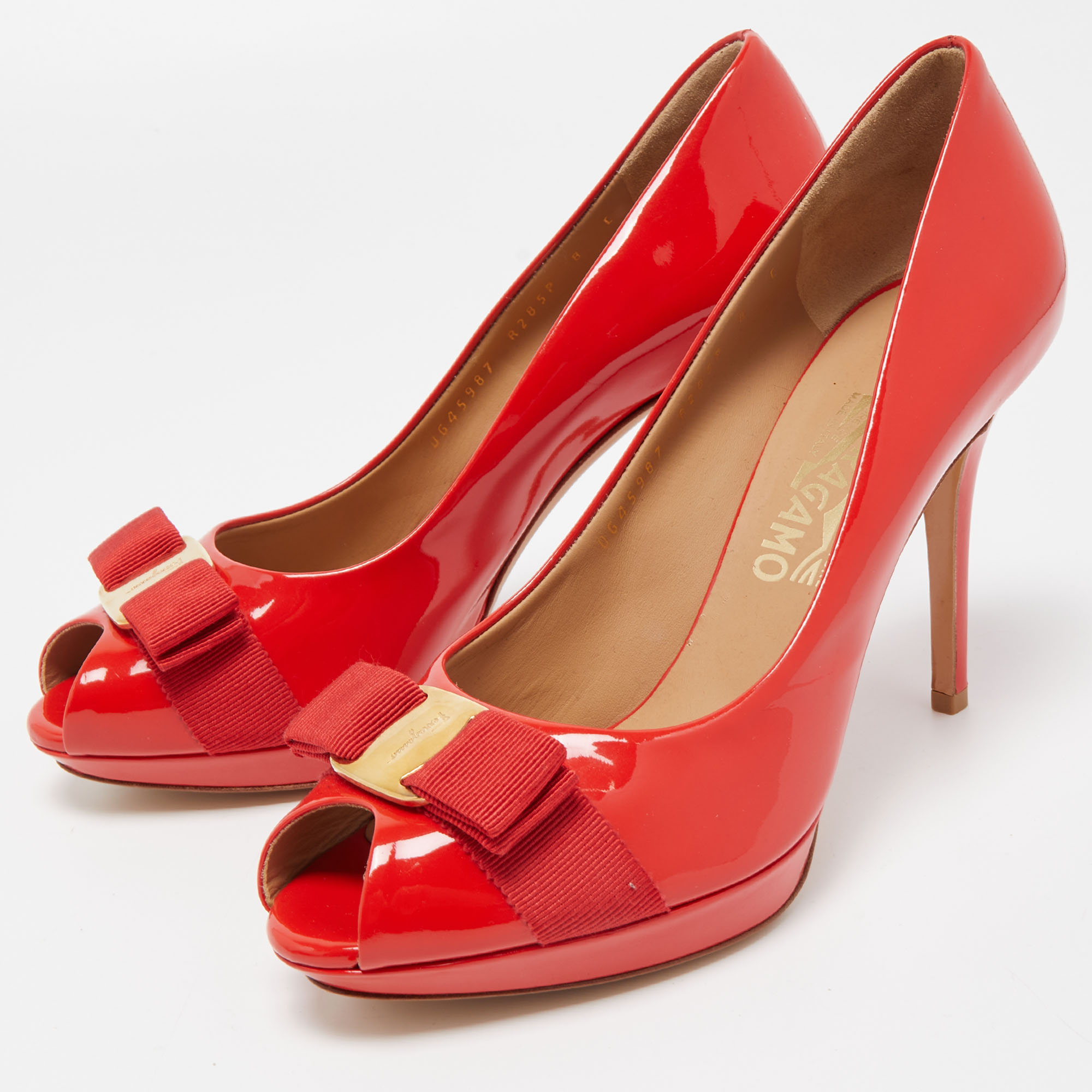 

Salvatore Ferragamo Red Patent Leather Vara Bow Platform Peep Toe Pumps Size