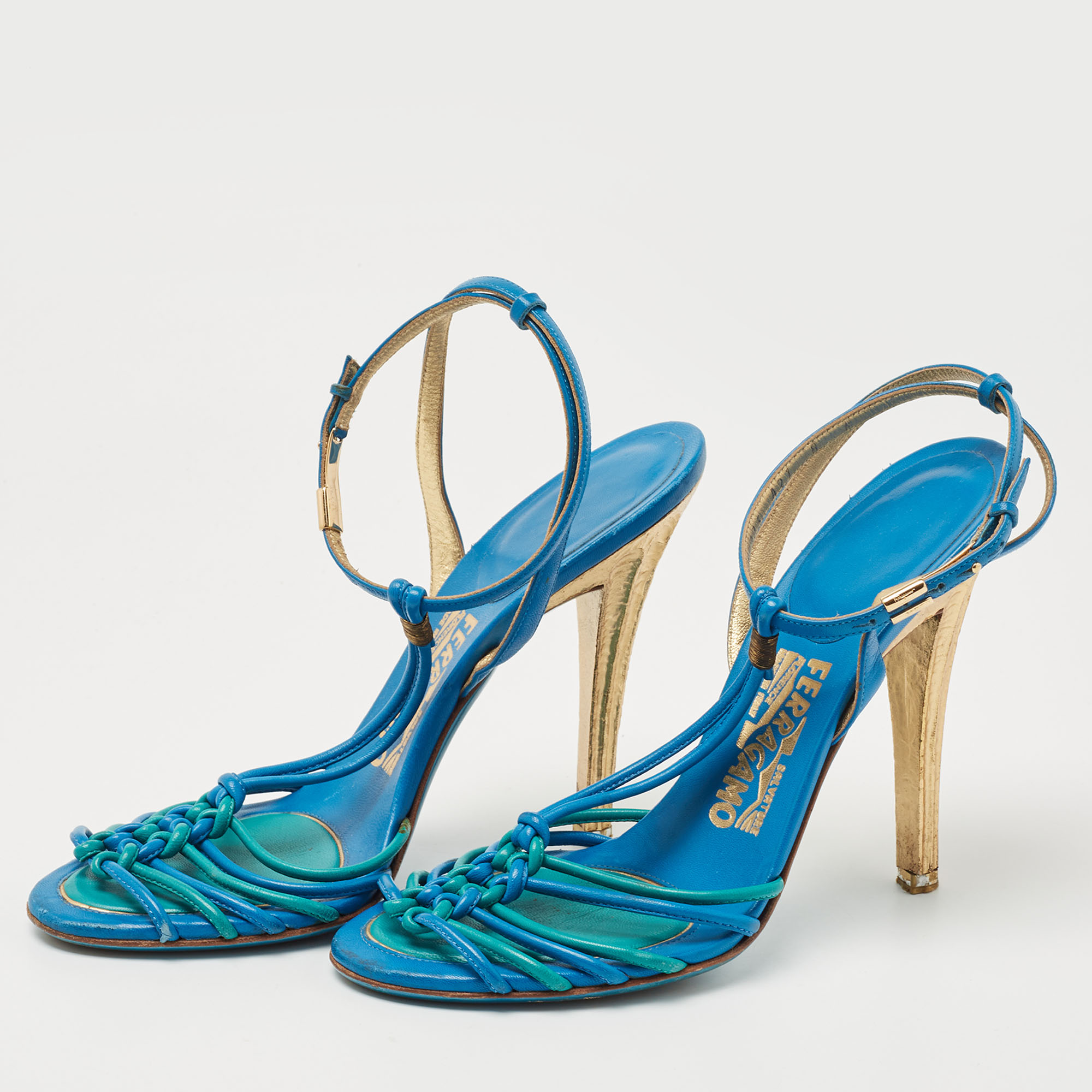

Salvatore Ferragamo Blue Leather Ankle Strap Sandals Size
