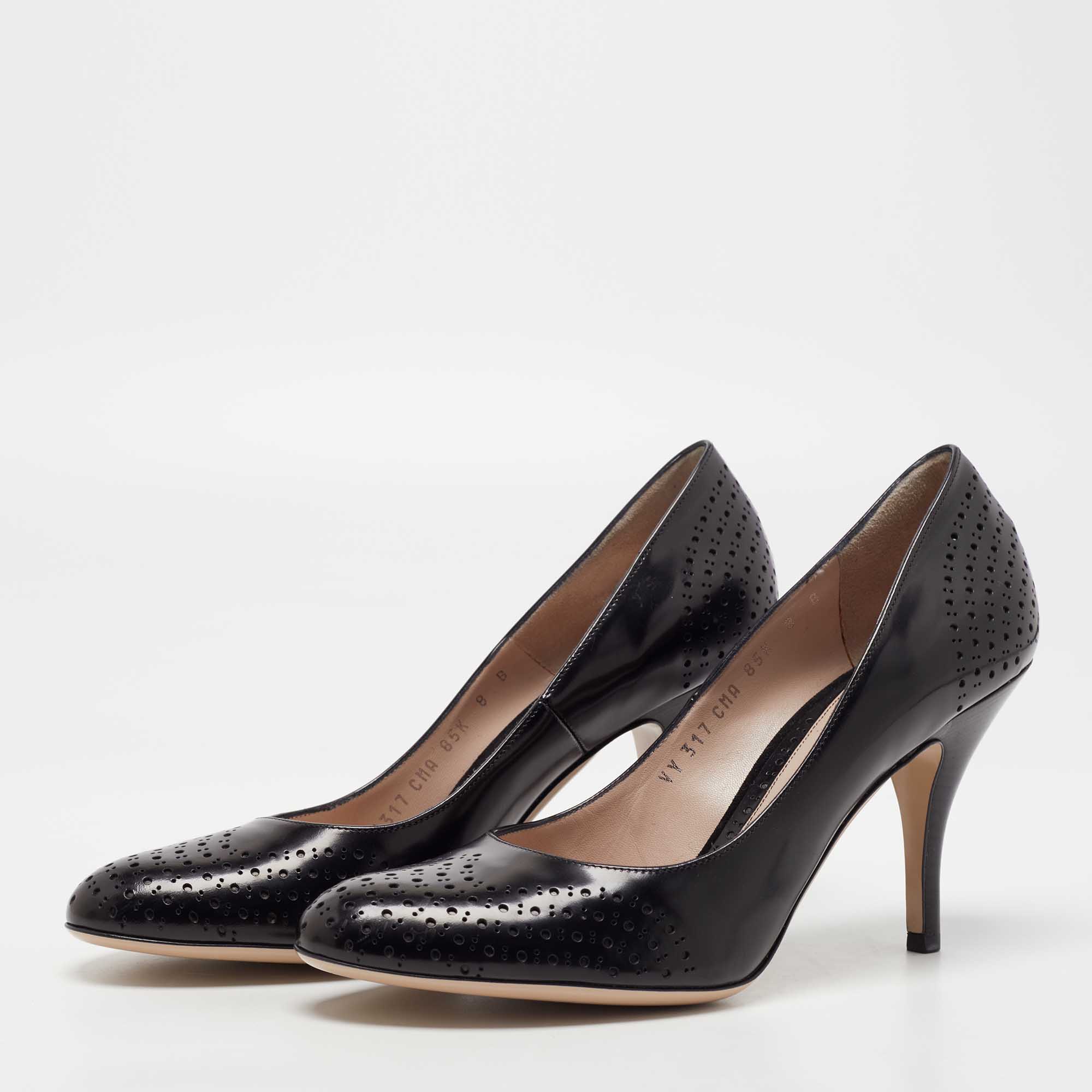 

Salvatore Ferragamo Black Leather Laser Cut Pumps Size