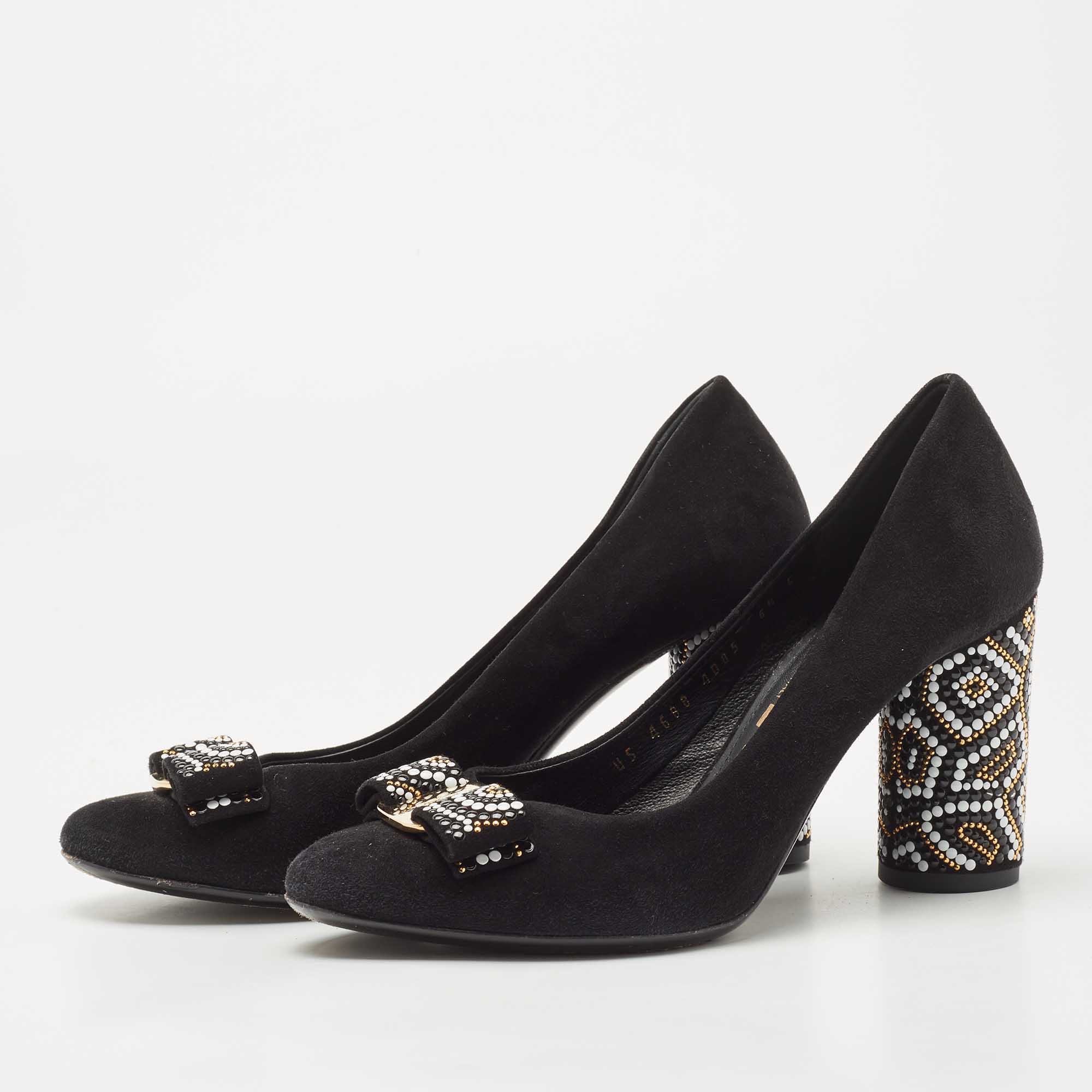 

Salvatore Ferragamo Black Suede Vara Bow Eva Mosaic Pumps Size